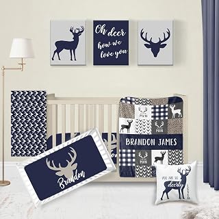 KAINSY Personalized Woodland Crib Bedding Set for Boys, Custom Baby Crib Sets with Name, Navy Blue Deer Bedding, 5 Piece Baby Crib Sets, Woodland Crib Blanket Fitted Sheets for Babies