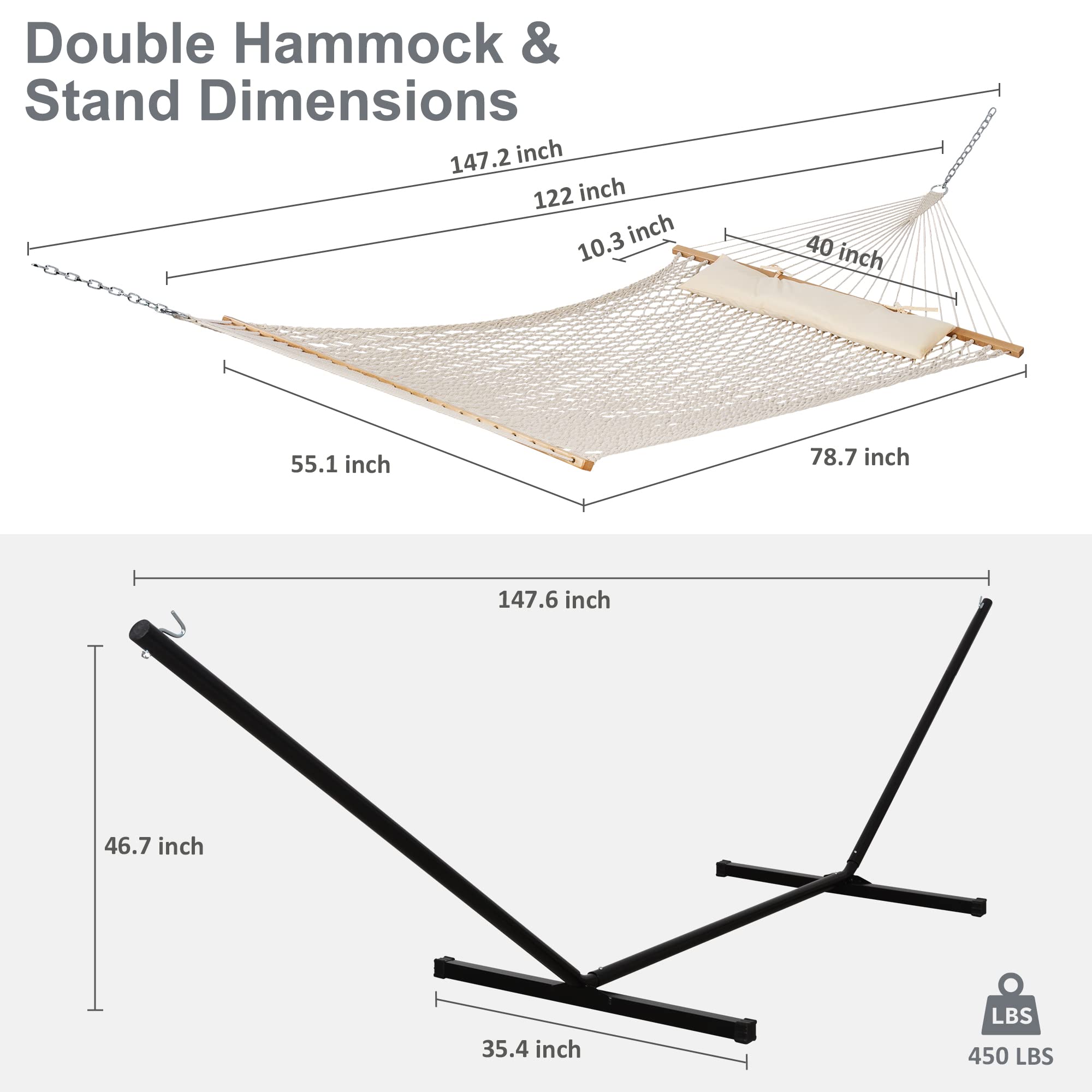 SUNCREAT Hamac d'extérieur double avec support inclus, corde en coton portable pour 2 personnes pour extérieur, terrasse, jardin, cour, beige