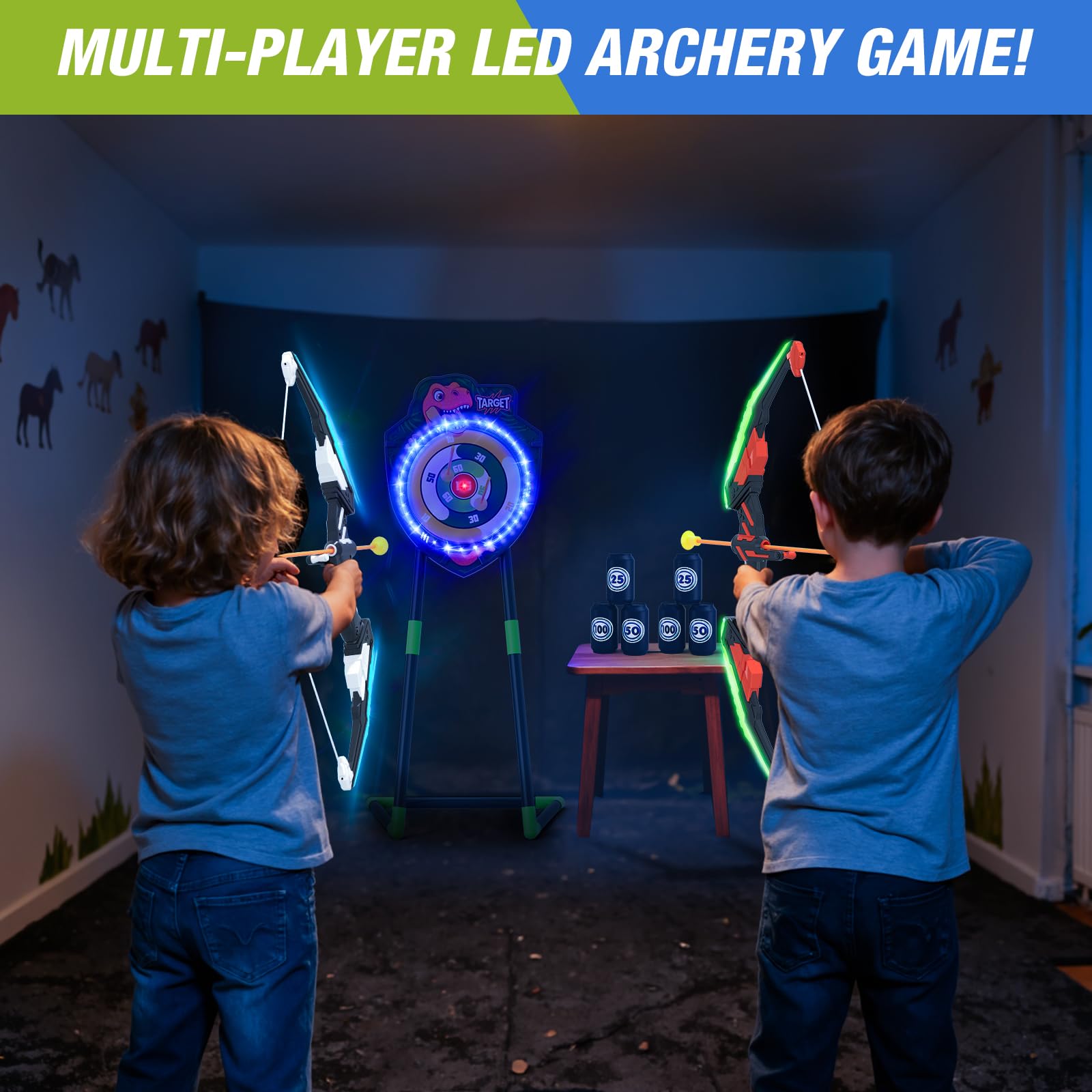 HYES 2 Pack Flèche et Arc pour Enfants, LED Lumière Dinosaure Tir à l'arc avec Flèches à Ventouse, Cible de Lueur Debout, Cibles de Score, Jouet d'Intérieur et d'Extérieur Cadeaux pour Garçons Filles