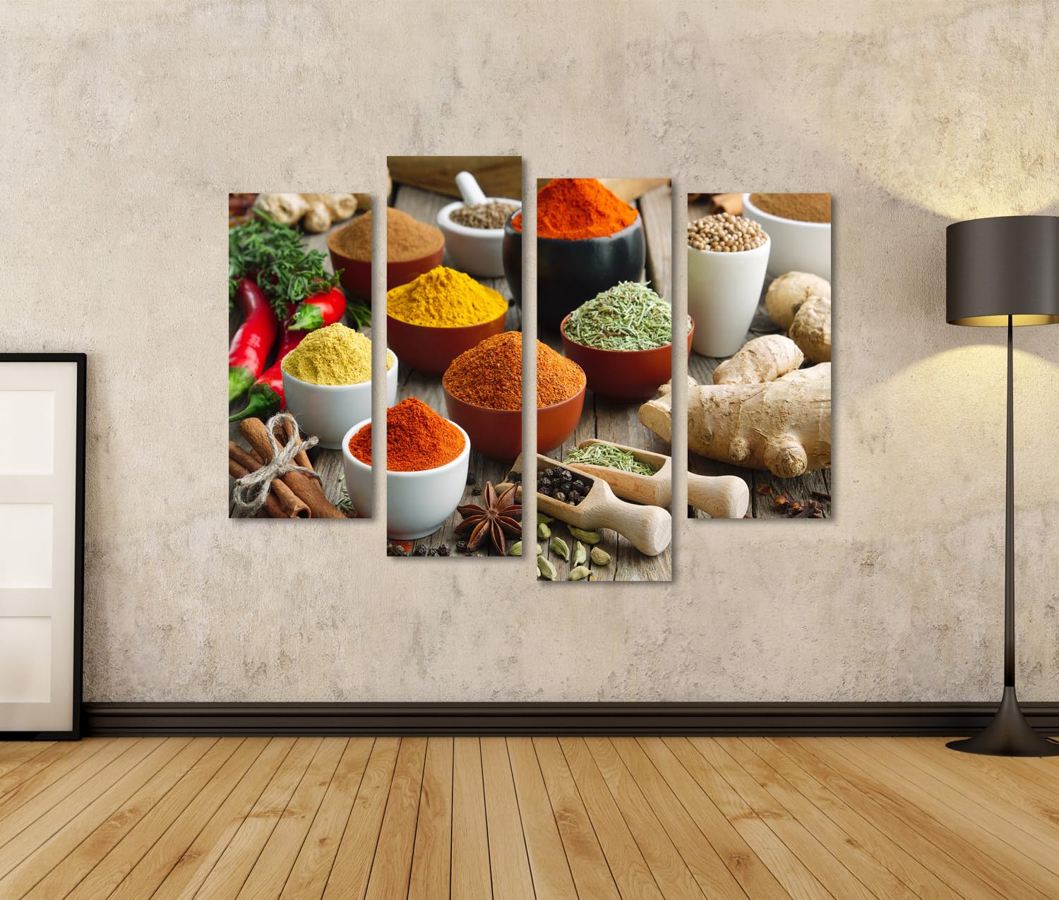 islandburner Prime Bild auf Leinwand Vielfalt der Gewuerze auf Holzuntergrund - Leinwand 130x80cm - 4 Teile
