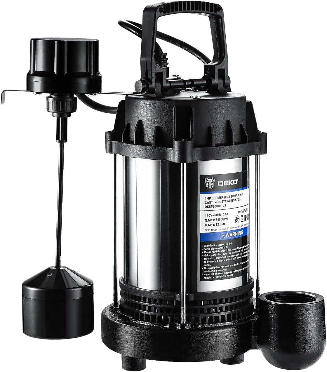 DEKOPRO 1HP Sump Pump  5400GPH Submersible Cast Iron and Stainless Steel Sump Pump with Integrated Vertical Float Switch