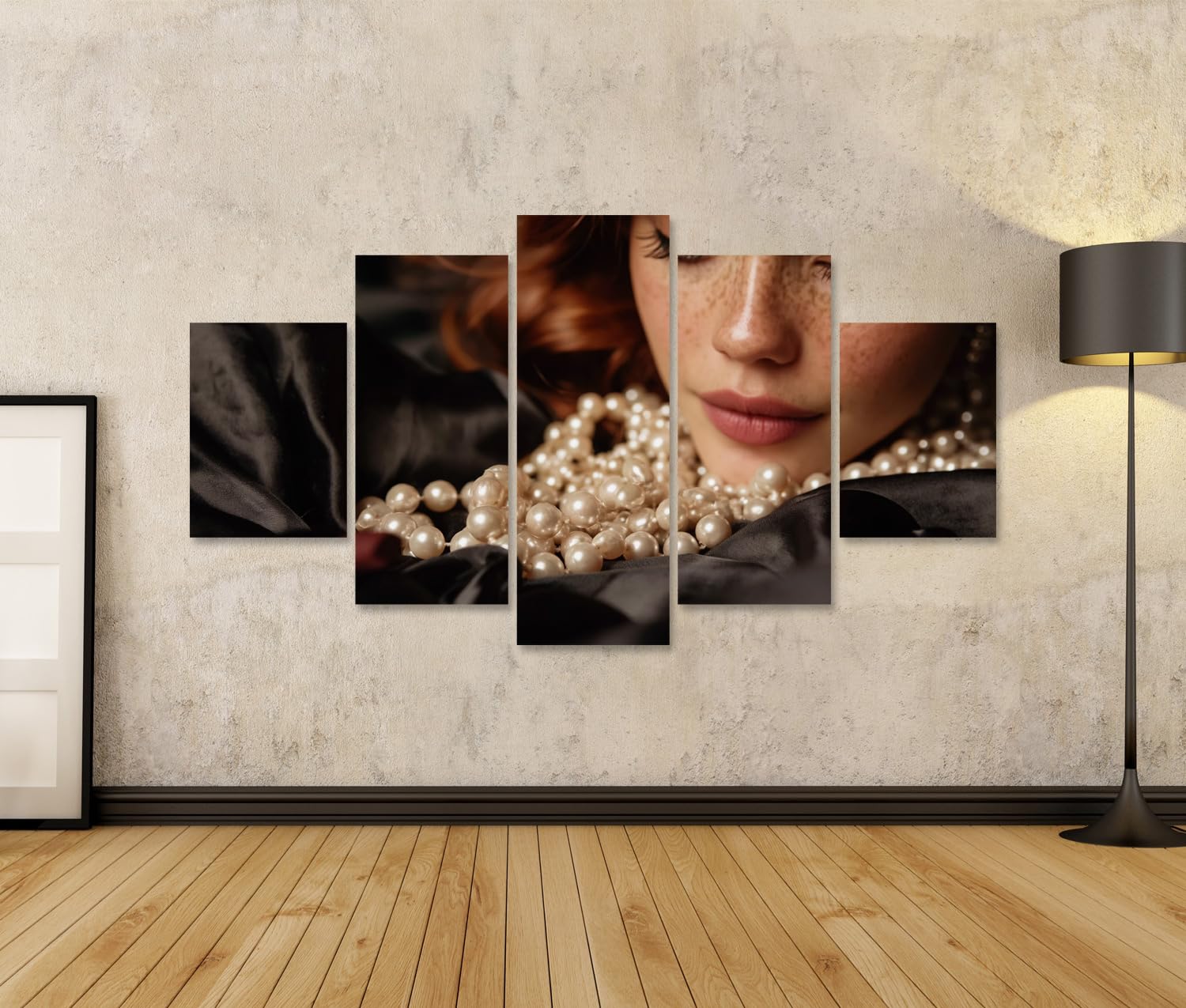 islandburner Bild auf Leinwand Elegante Perlenkette auf schwarzem Satin mit Lippenstift - 5-teilig