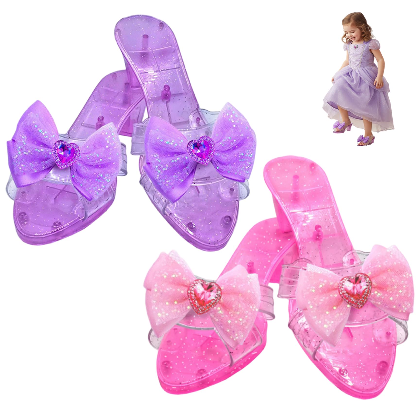Bonalake 2 Pairs of Sparkly Princess Dress Up Shoes for Girls, Glitter High Heel Toys with Bow for Toddler Pretend Play, & Purple Crystal Role Play Shoes
