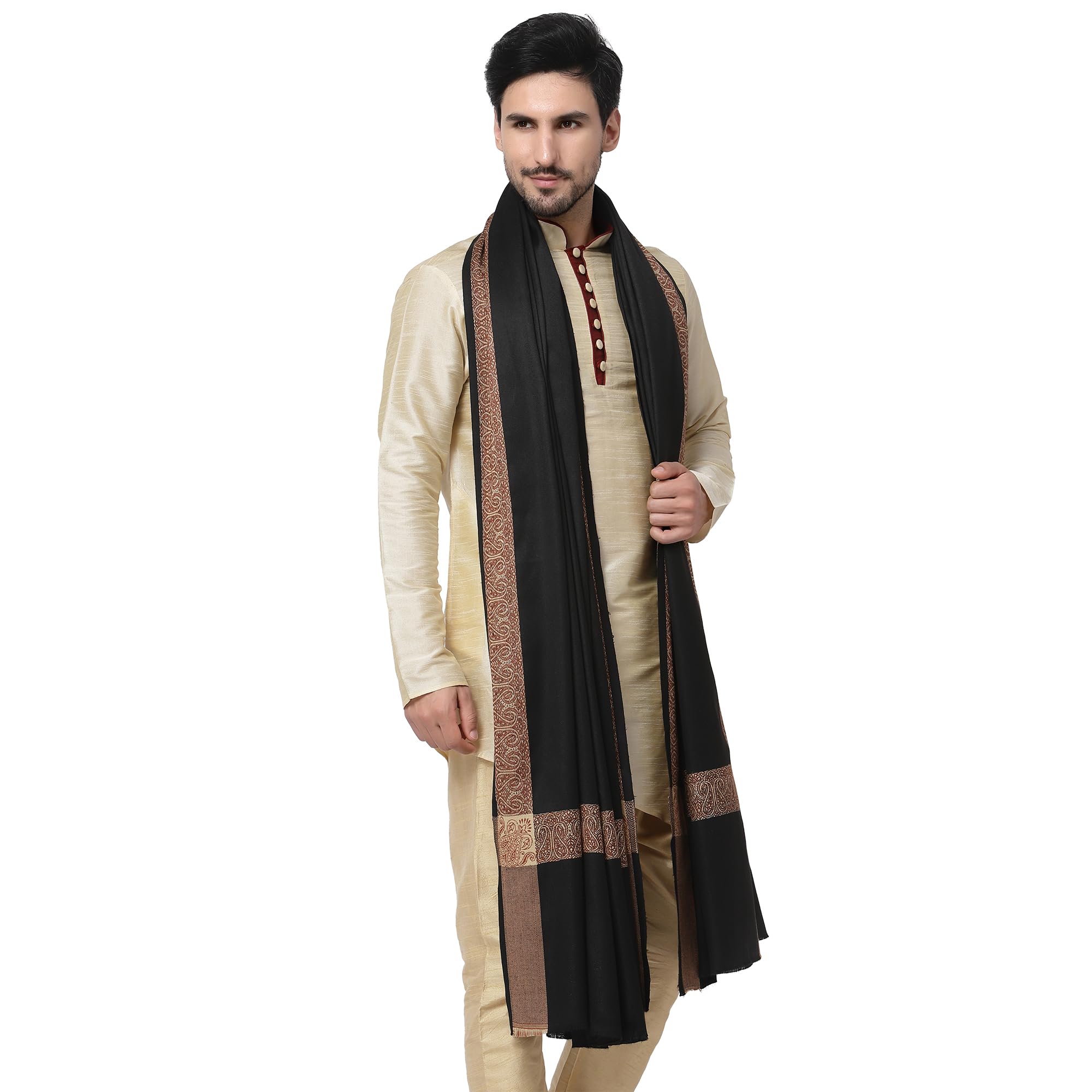 Weavers Villa Men's Woven Border Woollen Lohi Meditation Shawl Wrap