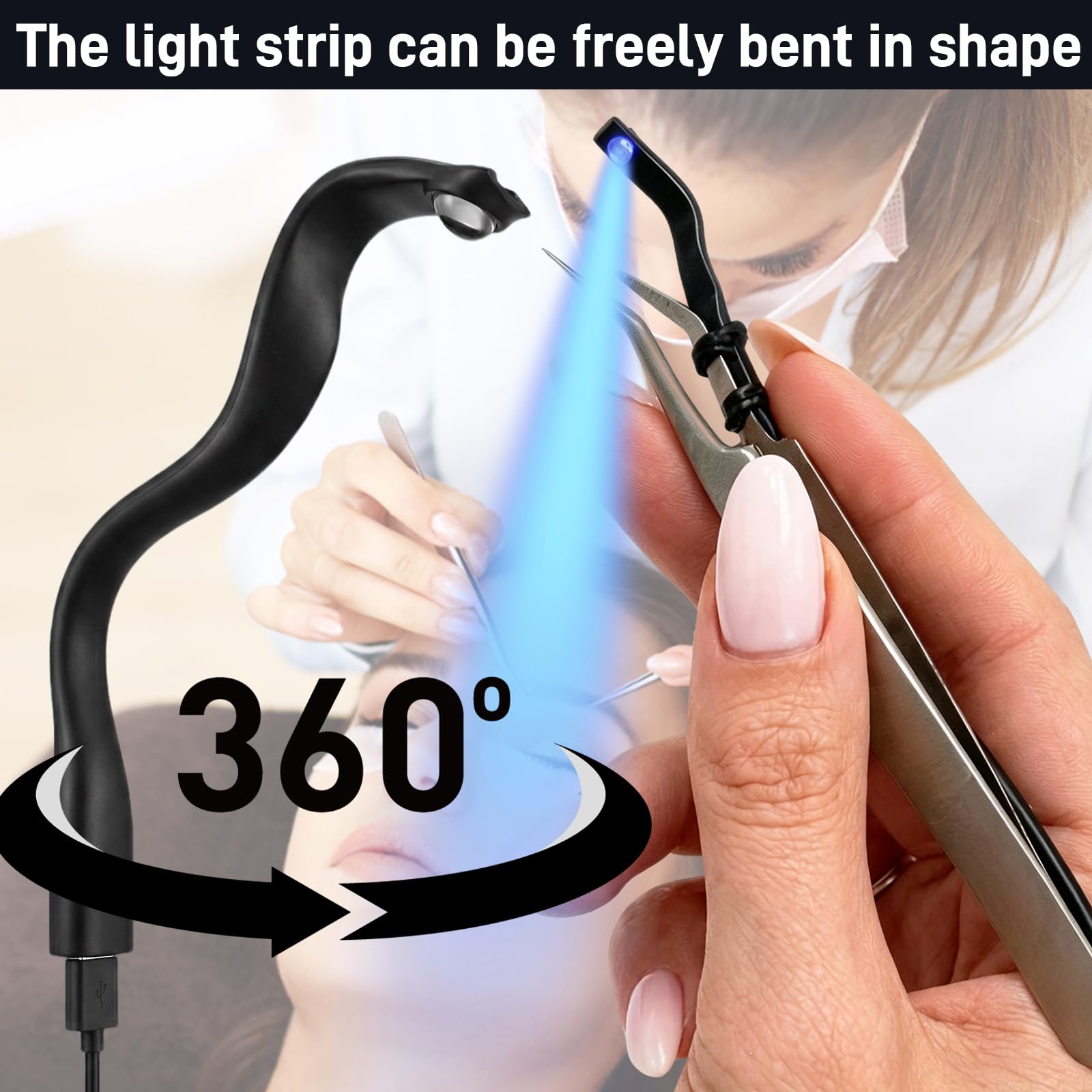 Lampada per Ciglia, Lampada UV 1 W con Pedale per Polimerizzazione UV | Lampada per Extension Ciglia con 2 Strisce Luminose Flessibili e Pinzetta per Colla per Ciglia Smalto per Unghie e Gel UV