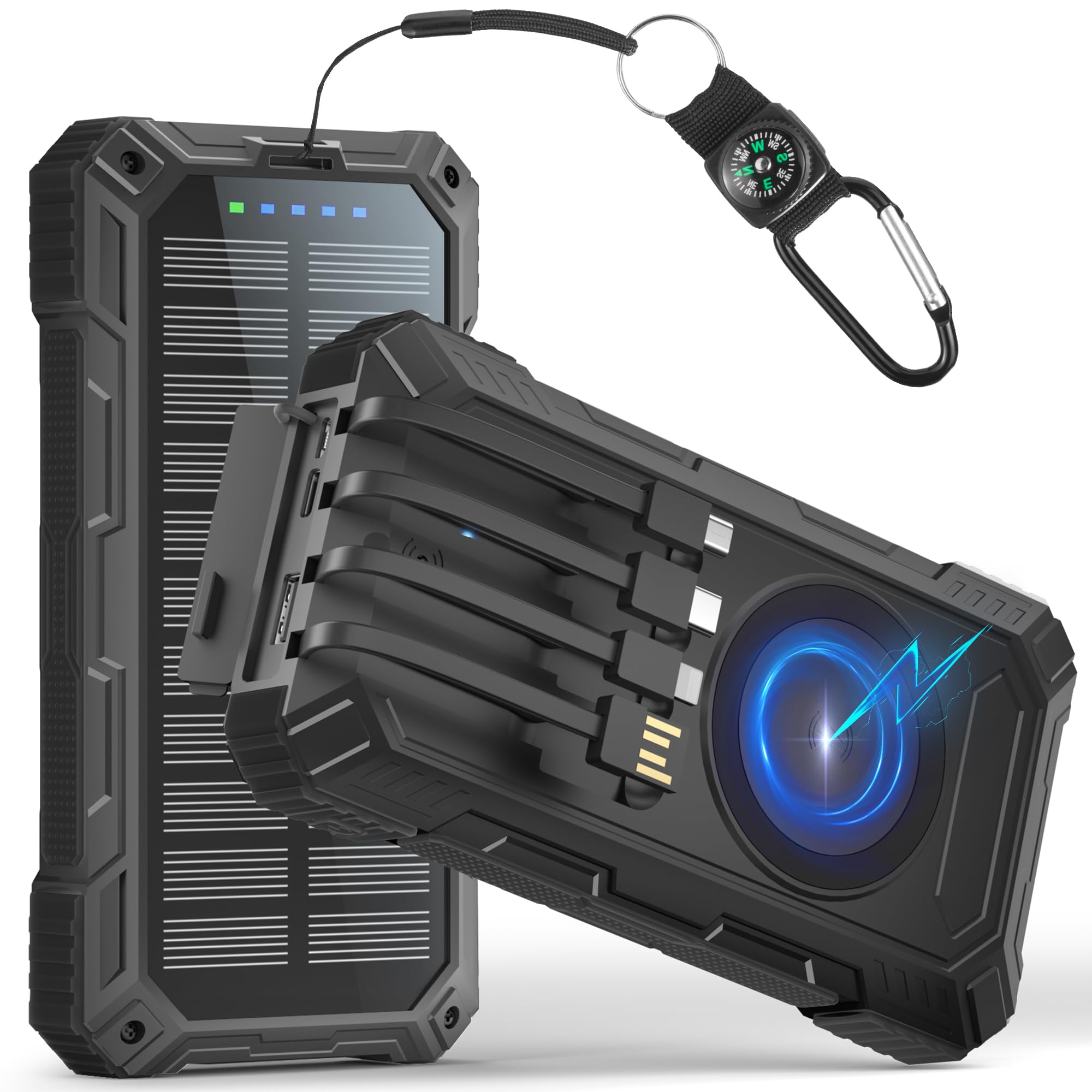 Power Bank Solare 56800mAh: 30W PD 3.0 A USB C Powerbank Ricarica Rapida con 4 Cavi, 6 Uscita & 4 Ingresso, 15W Ricarica Wireless, Spie luminose a LED, Torcia, Caricatore Portatile con Smartphones