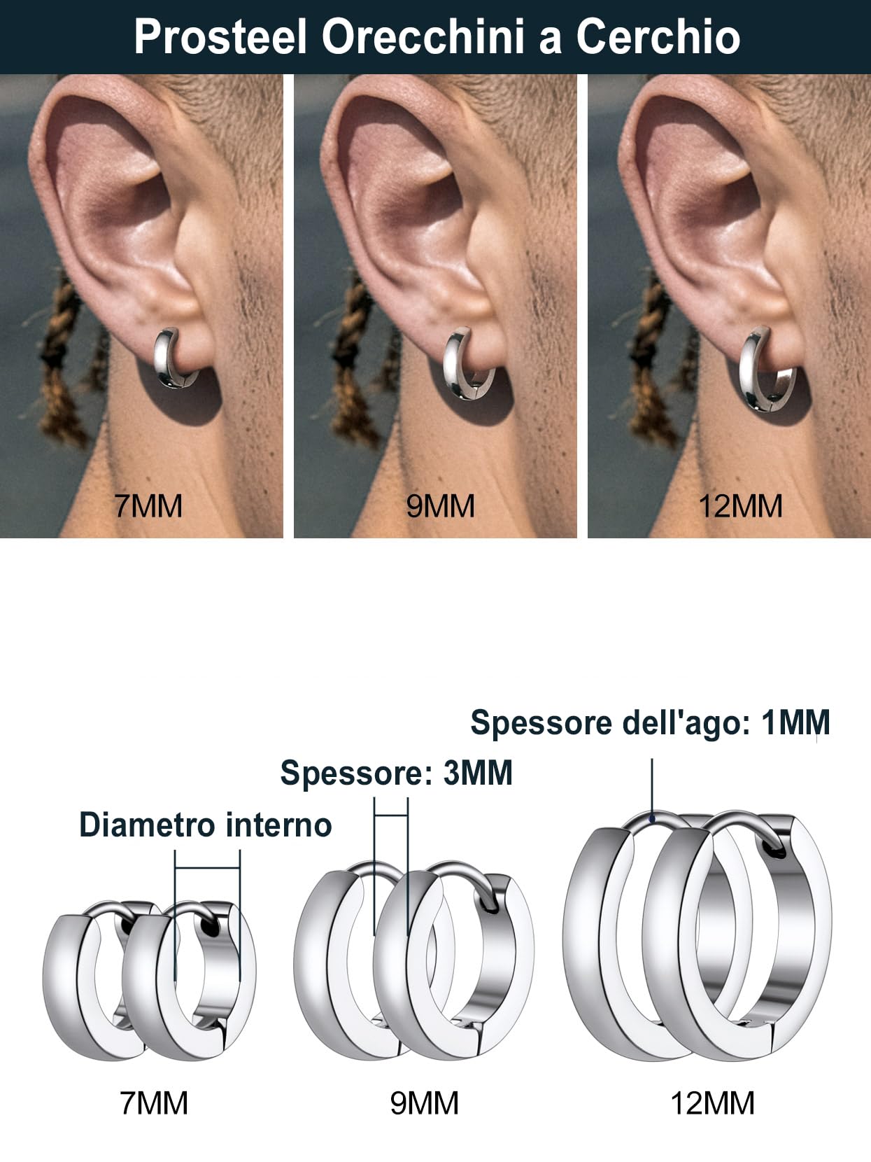 PROSTEEL 3 Paia Orecchini a Cerchio Uomo Donna Cerchietti Orecchini Colorati 7/9/12 mm in Acciaio Inossidabile/Nero/Oro Placcato con Confezione Regalo