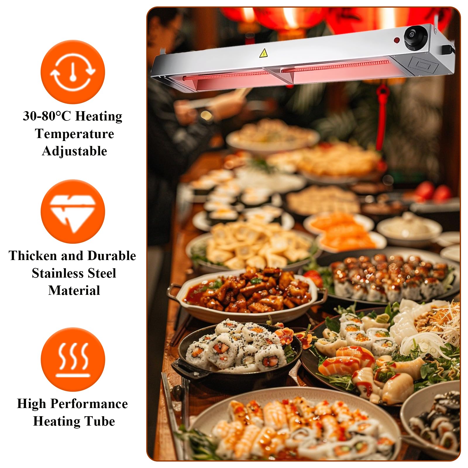Lampada Riscaldante per Alimenti, Lampada Riscaldante Cucina con 30-80℃ Temperatura Regolabile, Lampada Scaldavivande Ristorante per Ristoranti, Hotel a Buffet (1 Pezzo,150cm)
