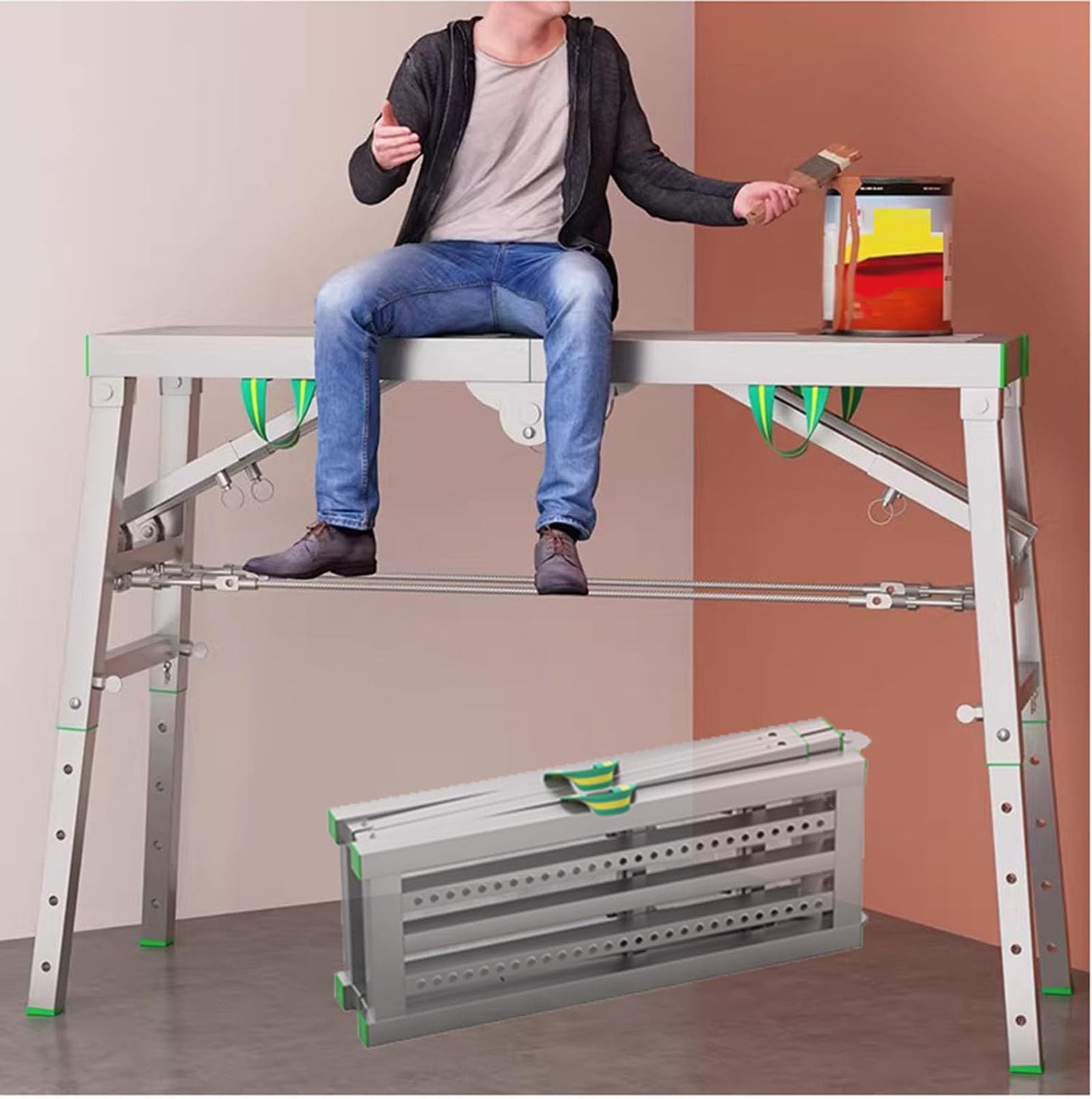 Plataforma de Trabajo Ajustable con trampilla - Andamio Plegable portátil con Altura Ajustable y Capacidad de Carga de 400 kg. Estructura de Acero al Carbono Duradera.