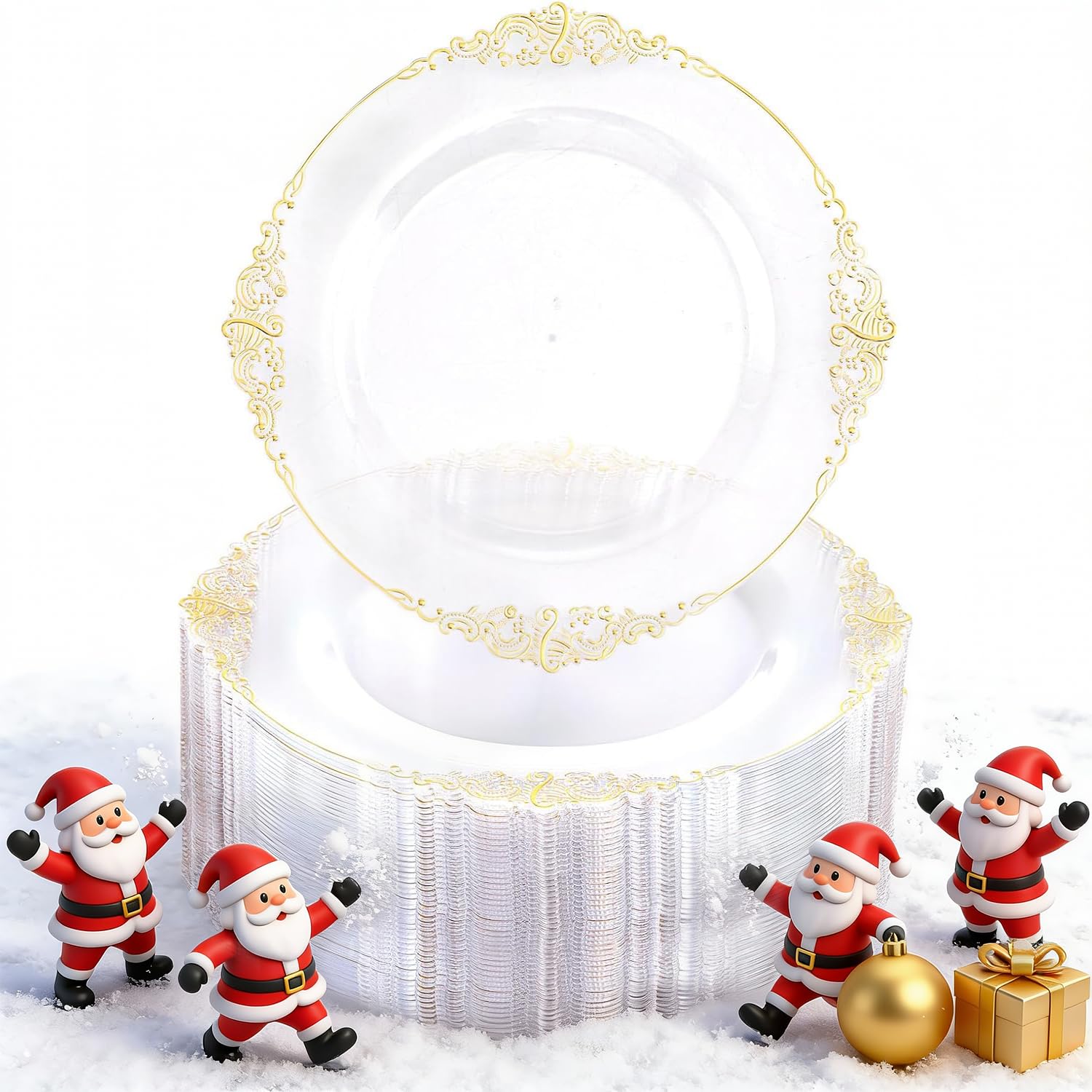 Morejoy 100pcs Gold Plastic Plates - Clear Gold Disposable Plates - 7.5 inch clear and gold dessert plates, Clear Plastic Plates with Gold Rim for Weddings & Parties & Shower