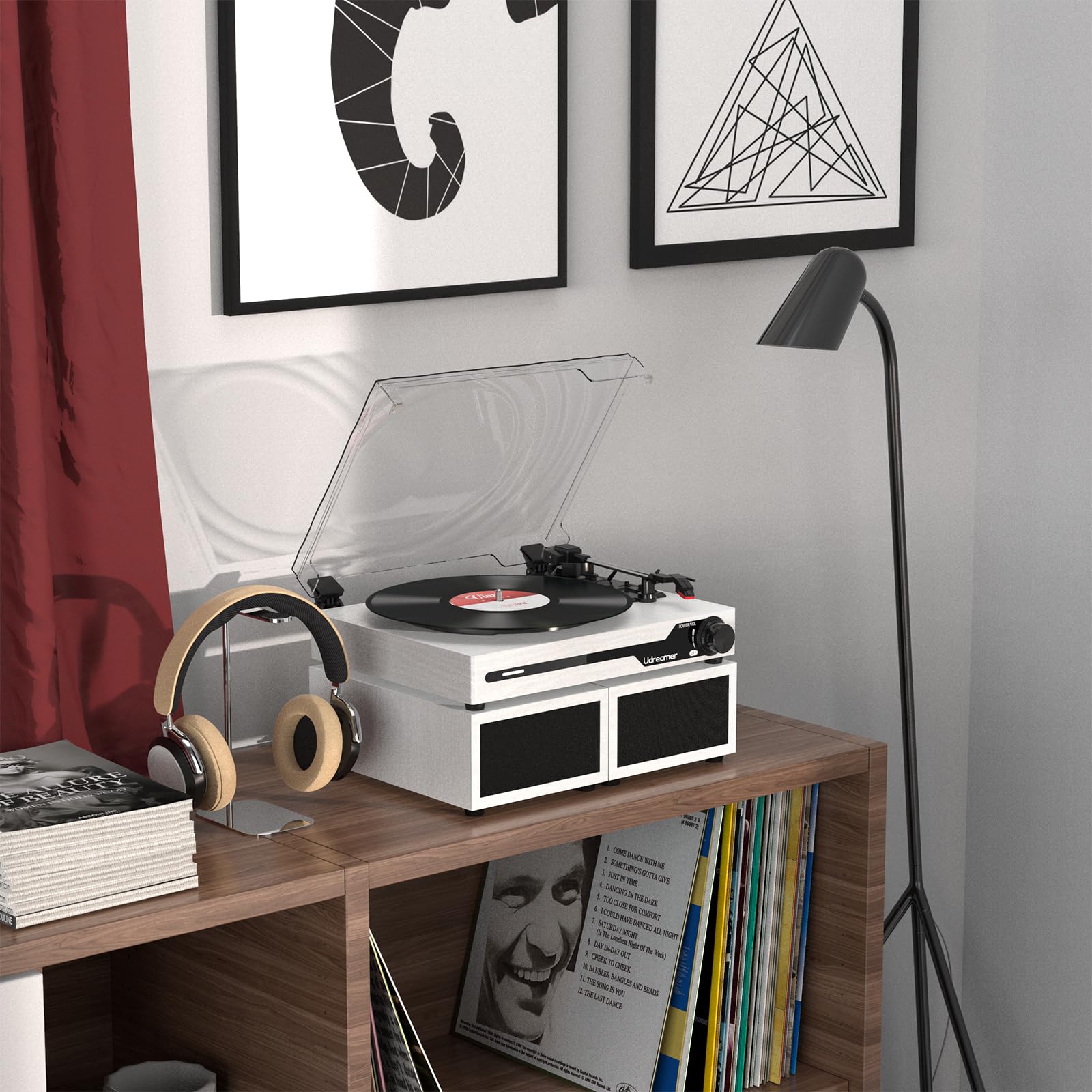 Udreamer Plattenspieler mit 2 Dual-Stereo-Lautsprechern, Vintage Plattenspieler Bluetooth 5.3 unterstützt 3 Geschwindigkeiten, AUX-In, Cinch-Line, USB, kabellose Wiedergabe, Weiß