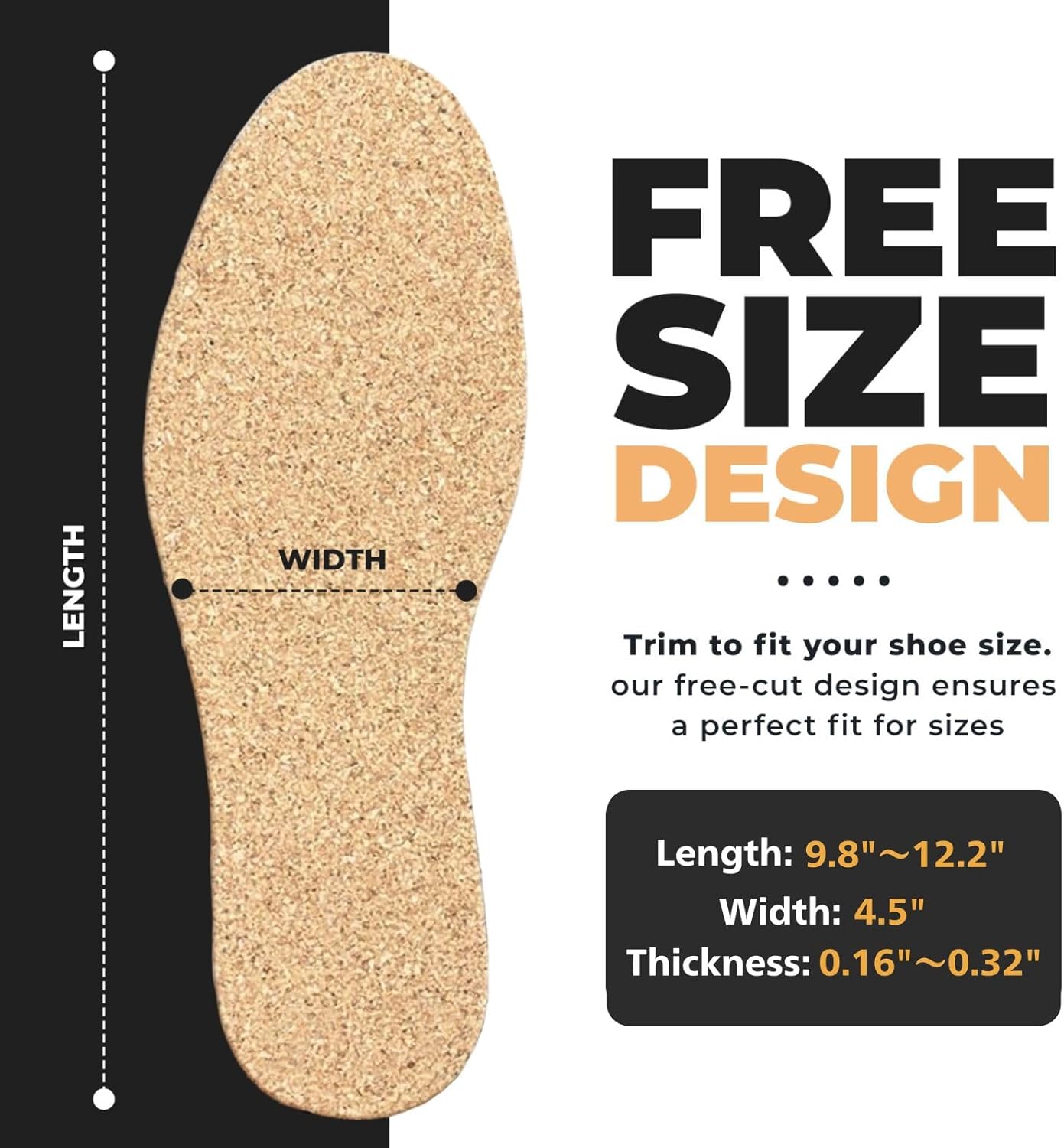 Cork Insoles, Flat Shoe Inserts, Natural Material, Free-Cut Unisex Fit (9.8–12.2 Inches), Slip-Resistant Odor-Reducing Custom Foot Fit (4mm(0.16 inches)) - Image 5