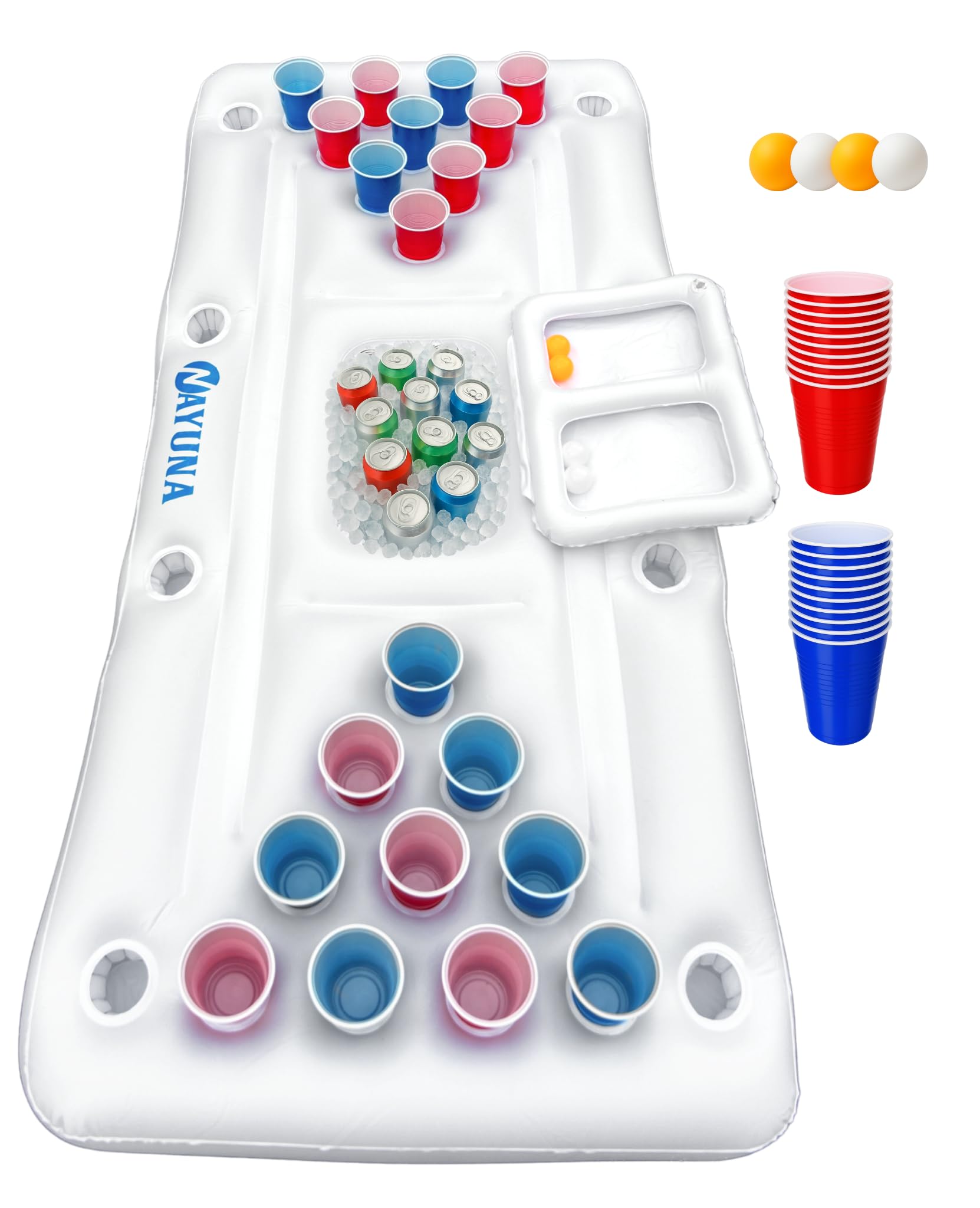 NAYUNA Floaty with Cooler & 20 Party Cups - Inflatable Pool Table Summer Party Pool Games Accessories for Adults 6 Feet Inflatable Pool Lounge Float, 4 Ping Pong Balls, 20 Cups