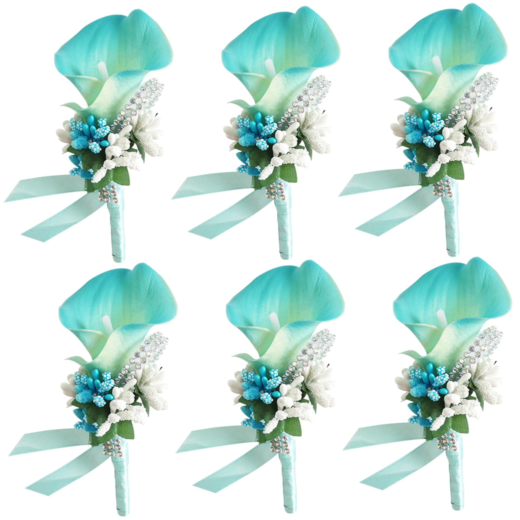 AOpghY Boutonniere para Hombres Boda 6pcs Novio boutonniere Azul Cala Lily boutonniere Bolsillo boutonniere Azules-Verde Artificial Flores
