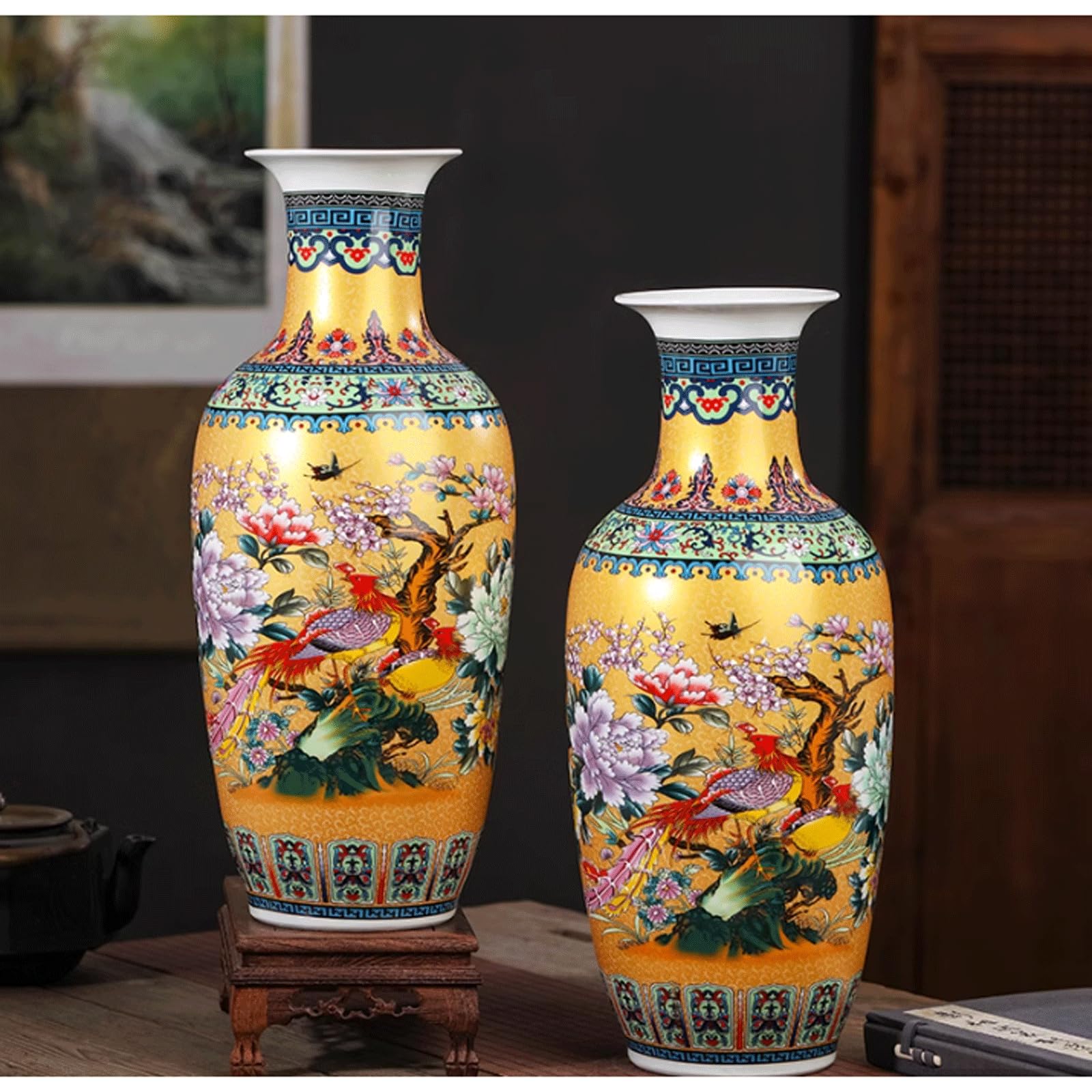 Vaso da Terra in Ceramica Jingdezhen Vaso da Fiori Decorativo in Stile Cinese Alto 38 cm con Base in Legno Vaso Classico in Porcellana Cinese retrò per la Decorazione del Soggiorno