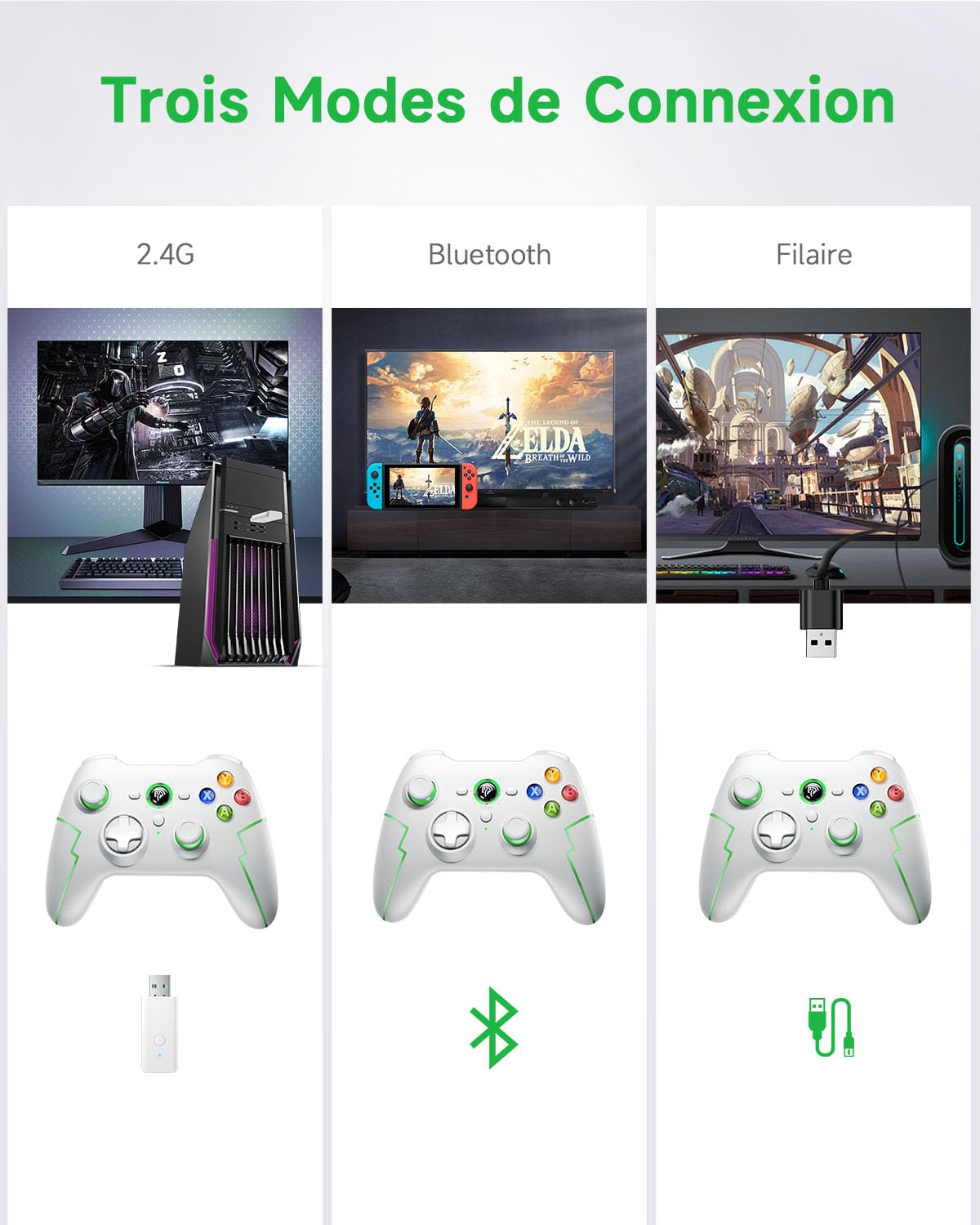 EasySMX Manettes PC PS3 sans Fil Rechargeable, 9013PRO Manette Switch Pro sans Fil Bluetooth, Manette PC pour Téléphones Android iOS, Android TV Box et Tesla, Blanc Vert, ESM-9013PRO