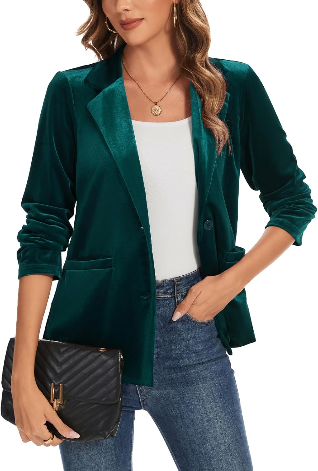 Women's Velvet Suit Blazer Jacket Casual Notch Collar Long Sleeve Two Buttons Open Front Blazer Coat Pocket - Image 7