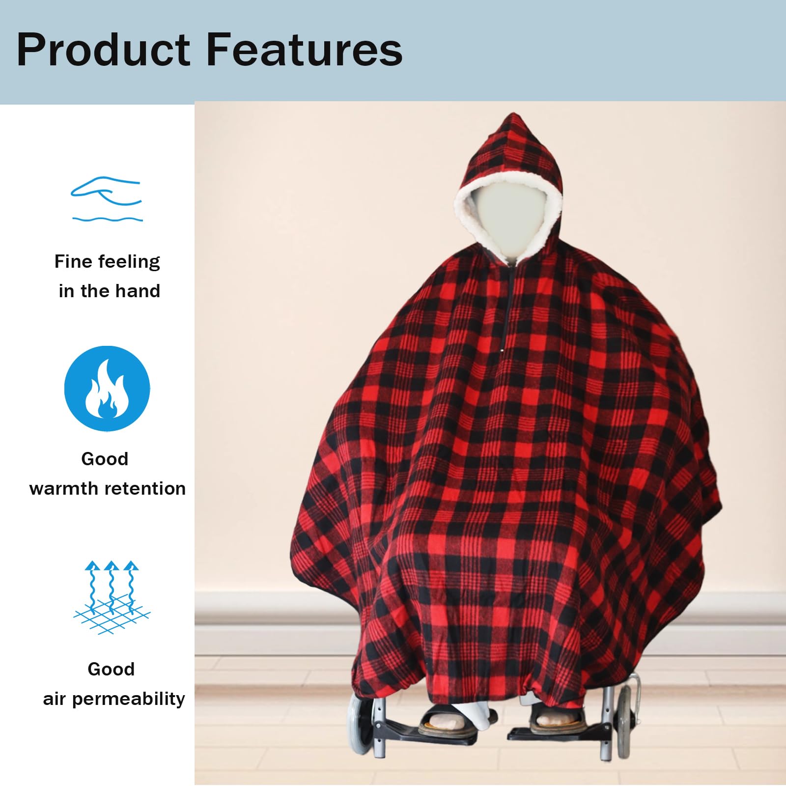 Manta polar para silla de ruedas con capucha, manta térmica de cuerpo completo para adultos, manta ligera de invierno para silla de ruedas (rojo)