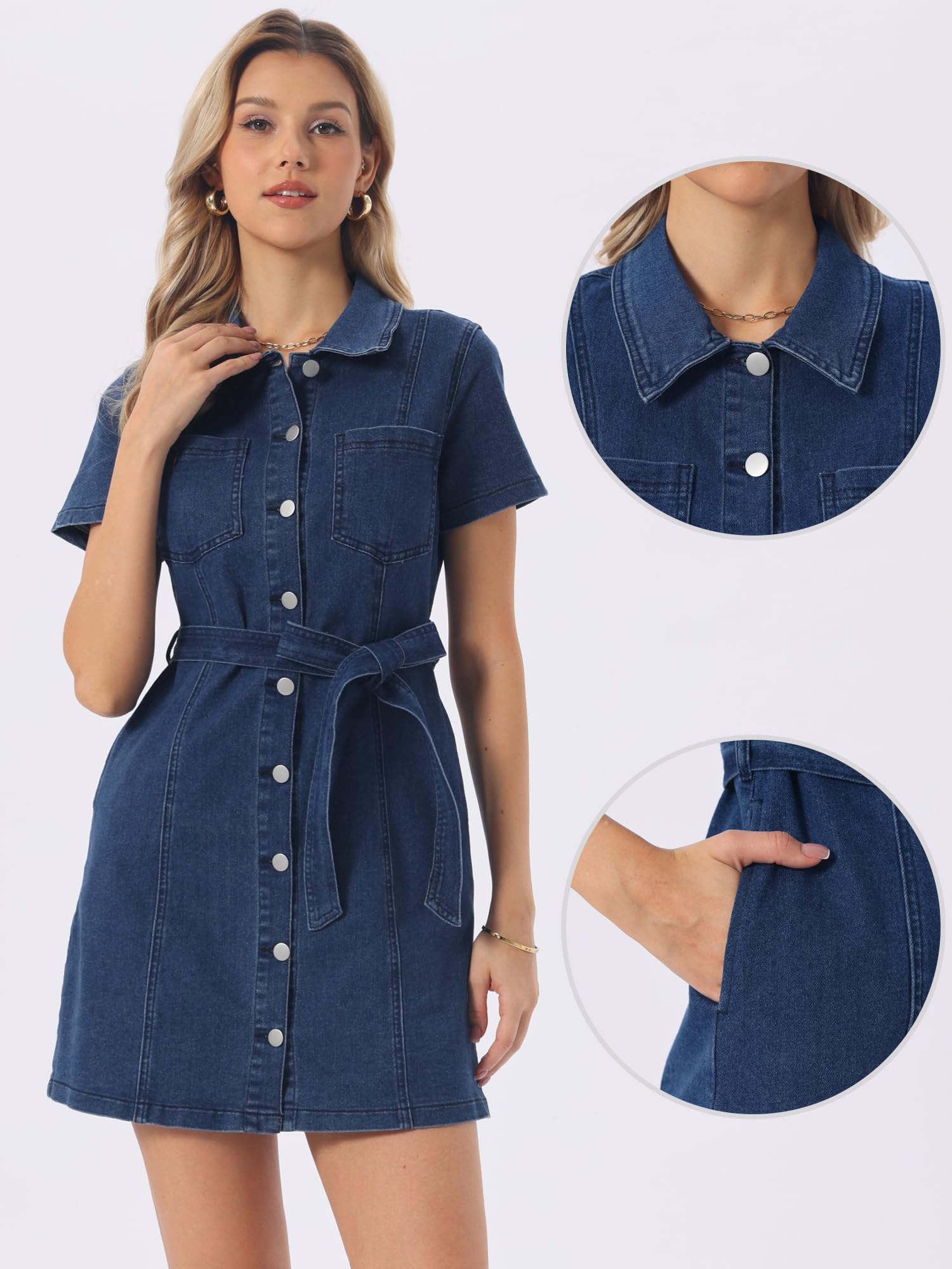 Allegra K Robe en Jean pour Femme, boutonnée, Manches Courtes, Ceinture, Style décontracté.