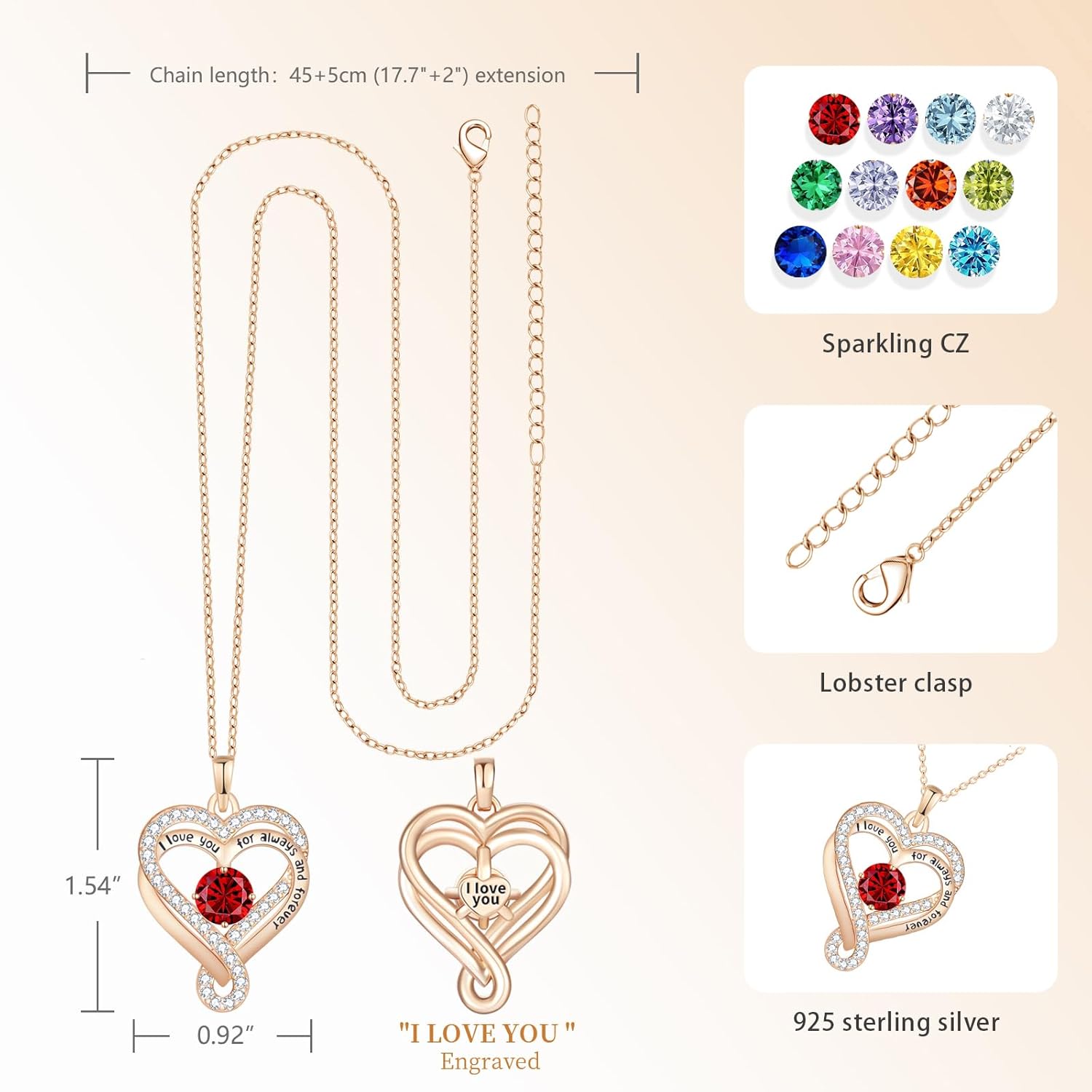 Birthstone Heart Necklaces for Women, Infinity Pendent S925 Sterling Silver Jewelry for Women, Wedding Anniversary, Birthday Mother’s Day Gifts for Mom, Mother, Wife, Girlfriend - Image 4