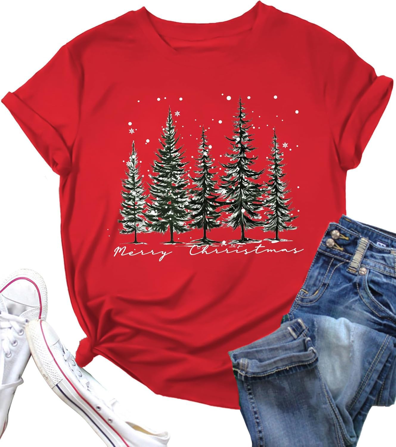 Merry Christmas Shirt Women Christmas Tree Print T Shirt Vintage Graphic Short Sleeve Tops Tees