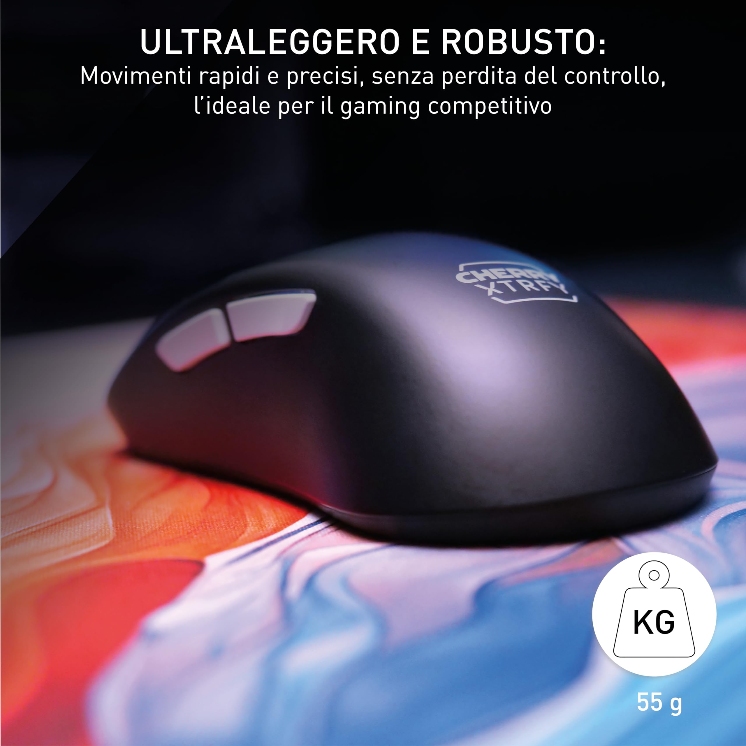 CHERRY XTRFY M64 Pro Wireless, Mouse da Gioco Ultraveloce, 2,4 GHz, Ottimizzato per esports, Mouse 8K, Forma Ergonomica Piatta Davanti, Nero
