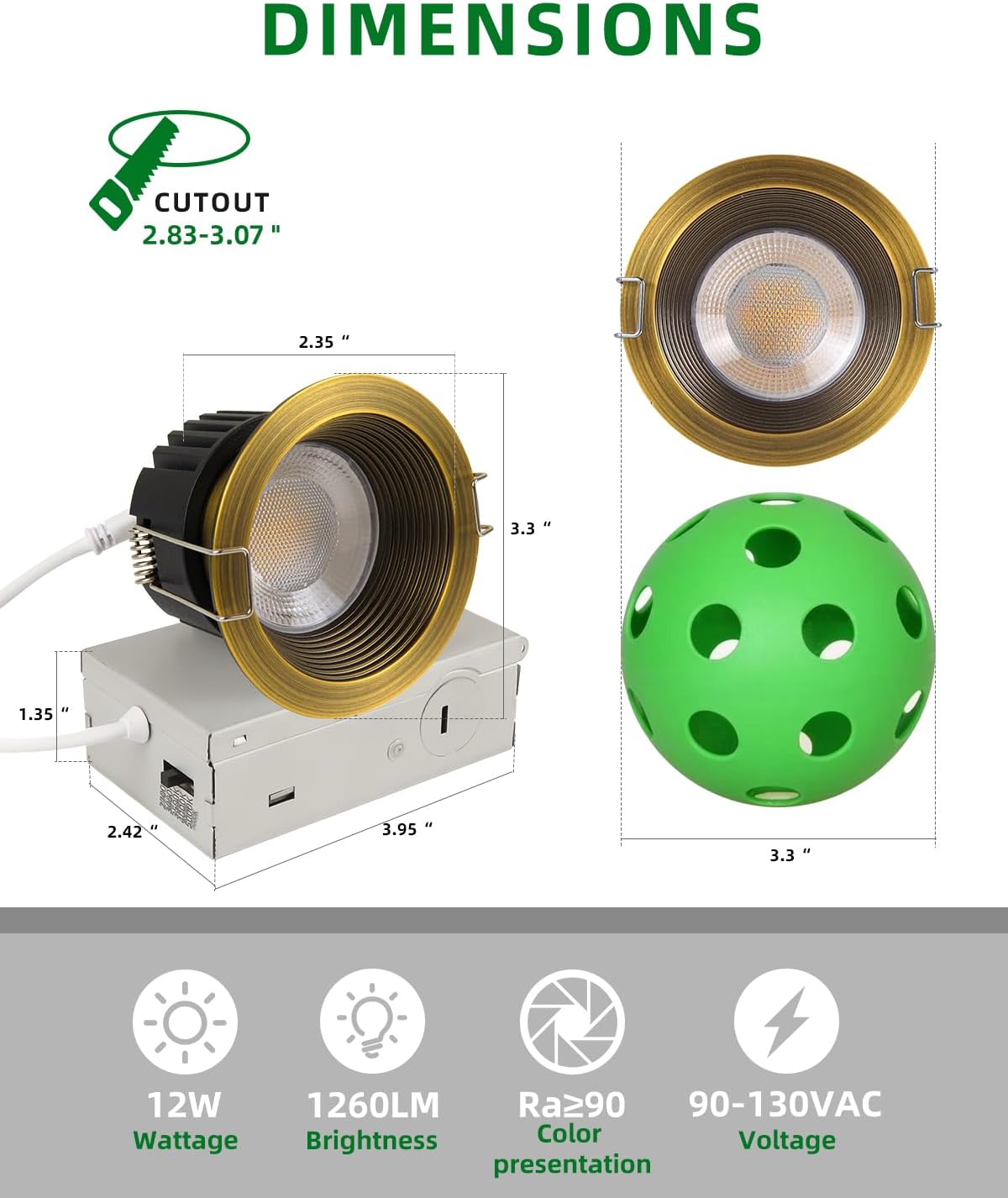 zouzai 3 Inch Anti-Glare LED Recessed Downlight with Junction Box, 5CCT Selectable 2700K/3000K/3500K/4000K/5000K, Dimmable, IP65 Waterproof for Shower, 12W COB, CRI90+, (Bronze, 3 inch 【1 Pack】)