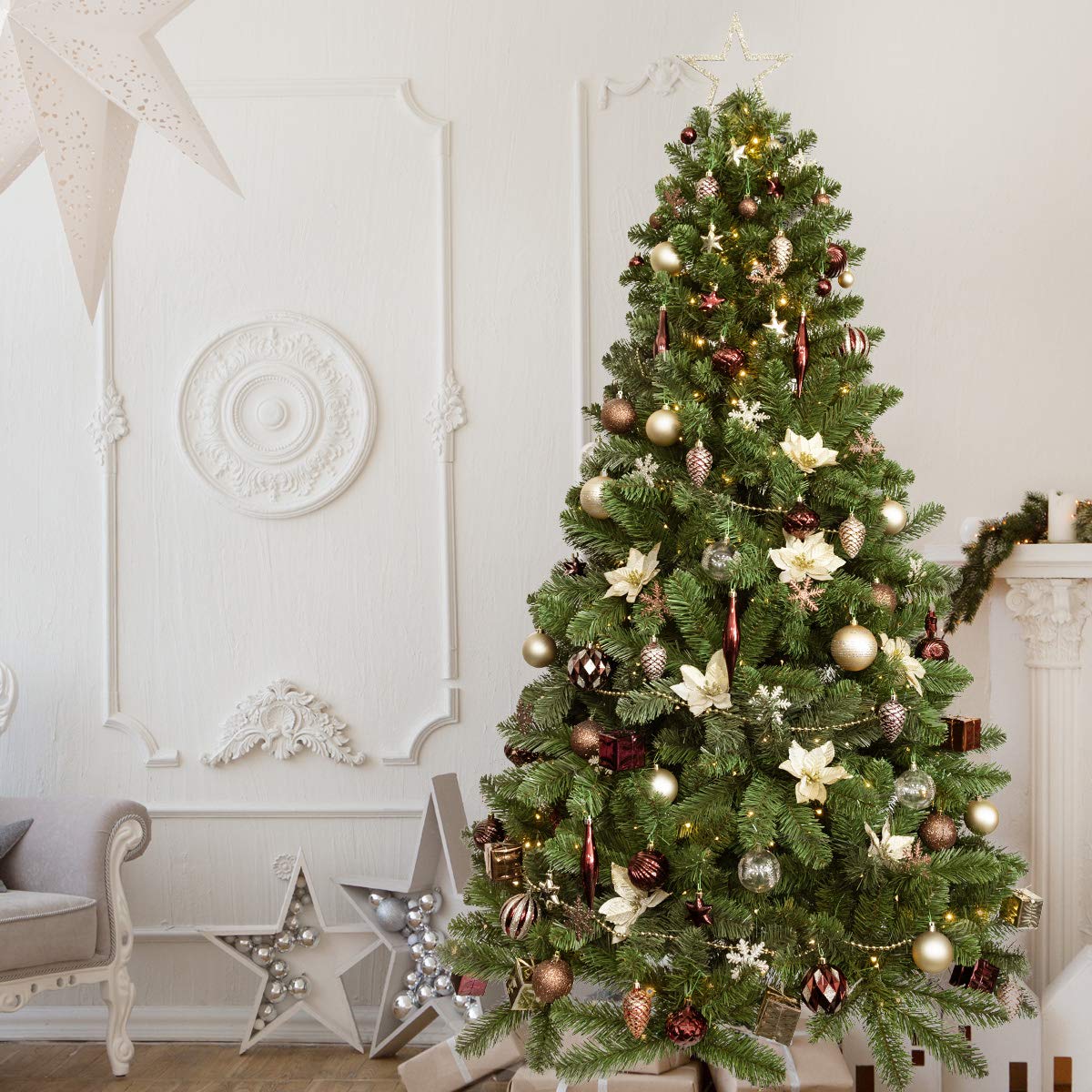 ITART 129ct Christmas Tree Ornaments Assortment Including Tree Topper Balls Snowflakes Star Pine Cone Miniature Gift Boxes Poinsettia Beads Garlands (Red Brown and Champagne)