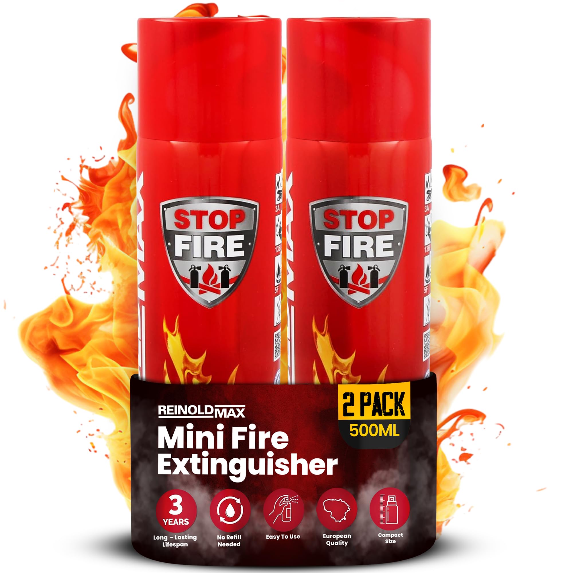 2X Pequeño Extintor para Casa | Mini Extintor Aerosol Todo en Uno para Cocina, Camping, Autocaravana, y Chimenea de ReinoldMax