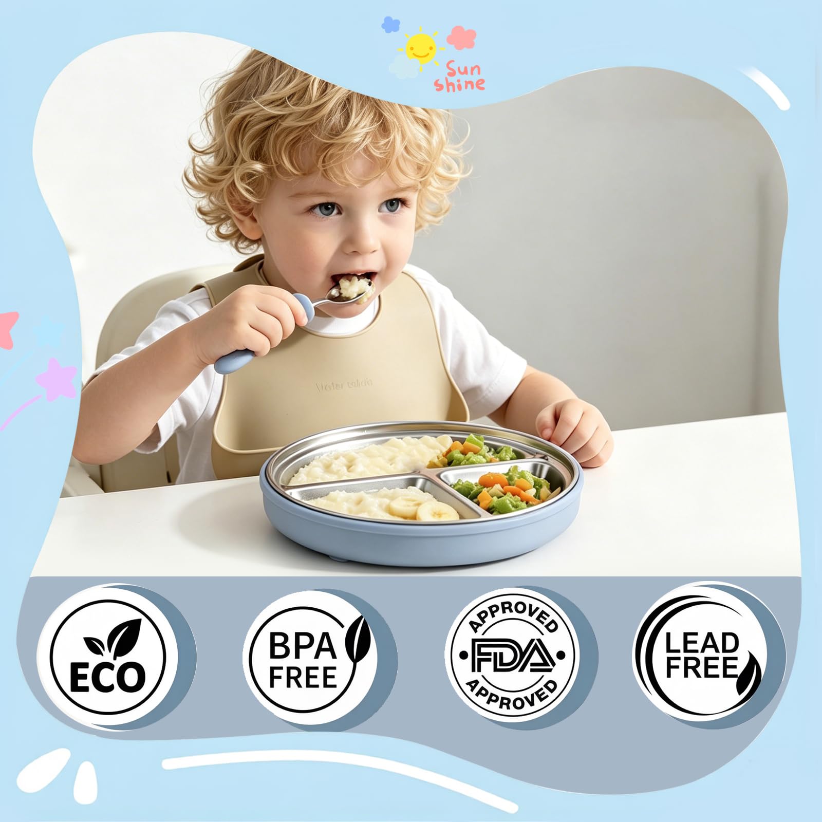 Coffret Repas Bébé – Assiette en Acier Inoxydable avec Ventouse en Silicone + Fourchette et Cuillère – Vaisselle Antidérapante pour Enfant – Sans BPA, Favorise l’Autonomie Alimentaire