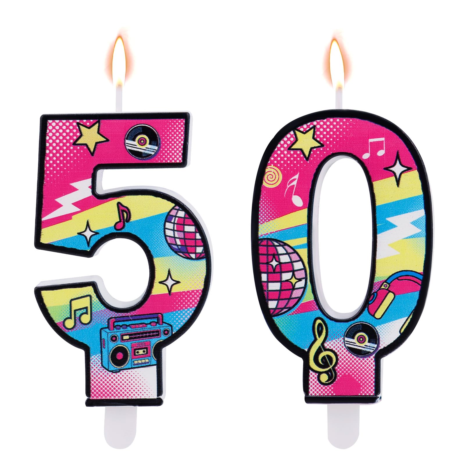Goktvai 2pcs Birthday Candles, Colorful Retro-Themed Number Candle Cool Vintage Theme Party Decoration Supplies Suitable for Birthday & Anniversary Cake Decoration (style 50)