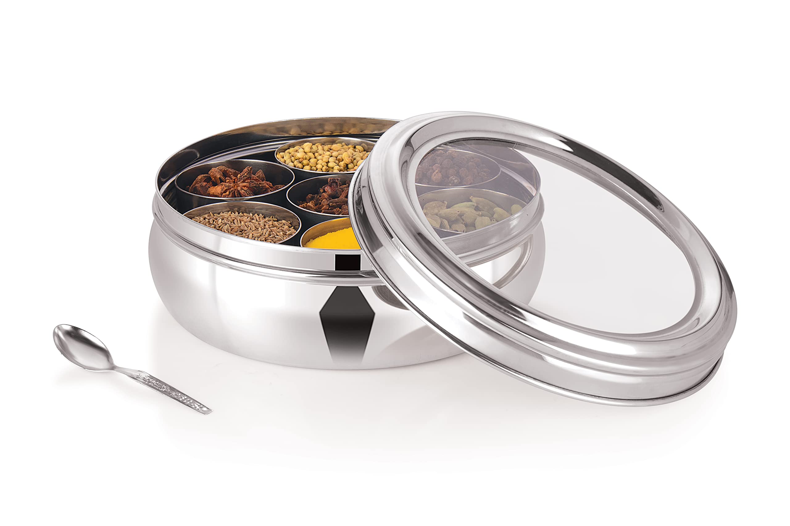 MARU Stainless Steel Belly-Shaped Masala Dani & Dabba with See-Through Lid: The Perfectly Designed Elegant Spice Box for Stylish Kitchen Organization and Effortless Cooking