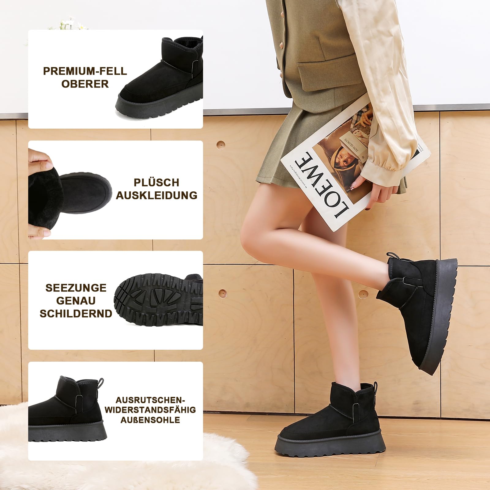Jifenkla Stivali da Neve Donna,Design in pizzo a onde alla moda,Foderato Caldo Stivaletti invernali,Antiscivolo Impermeabili suola in gomma,Leggerie Comode Pelliccia Breve Scarpe,Outdoor