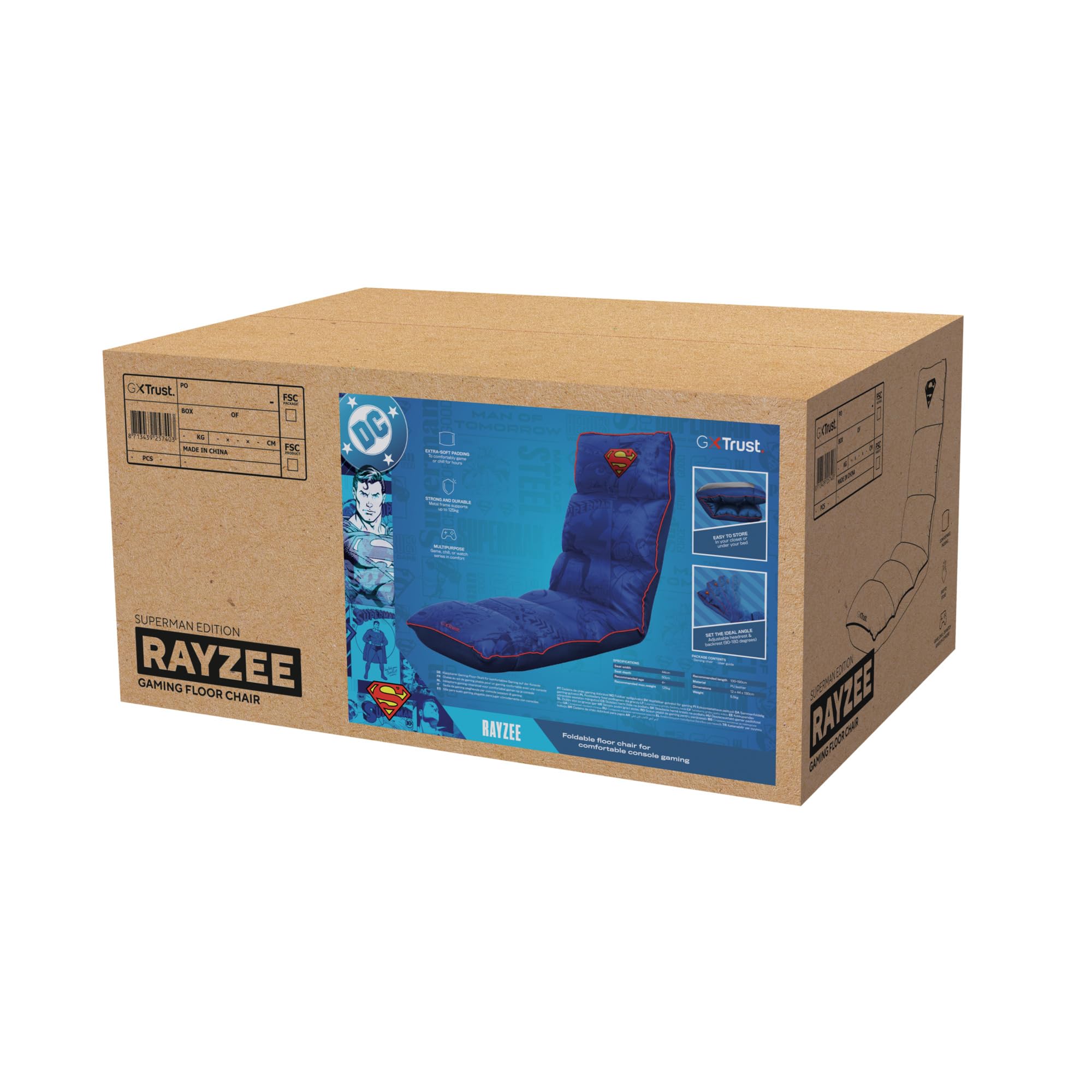 GXTrust 718SM Rayzee Silla Gaming Plegable con Licencia Superman, Cojin de Suelo para Consolas, Respaldo Ajustable, Peso de hasta 125 kg, Silla Gamer para Niño Juegos Lectura Relax TV, Azul