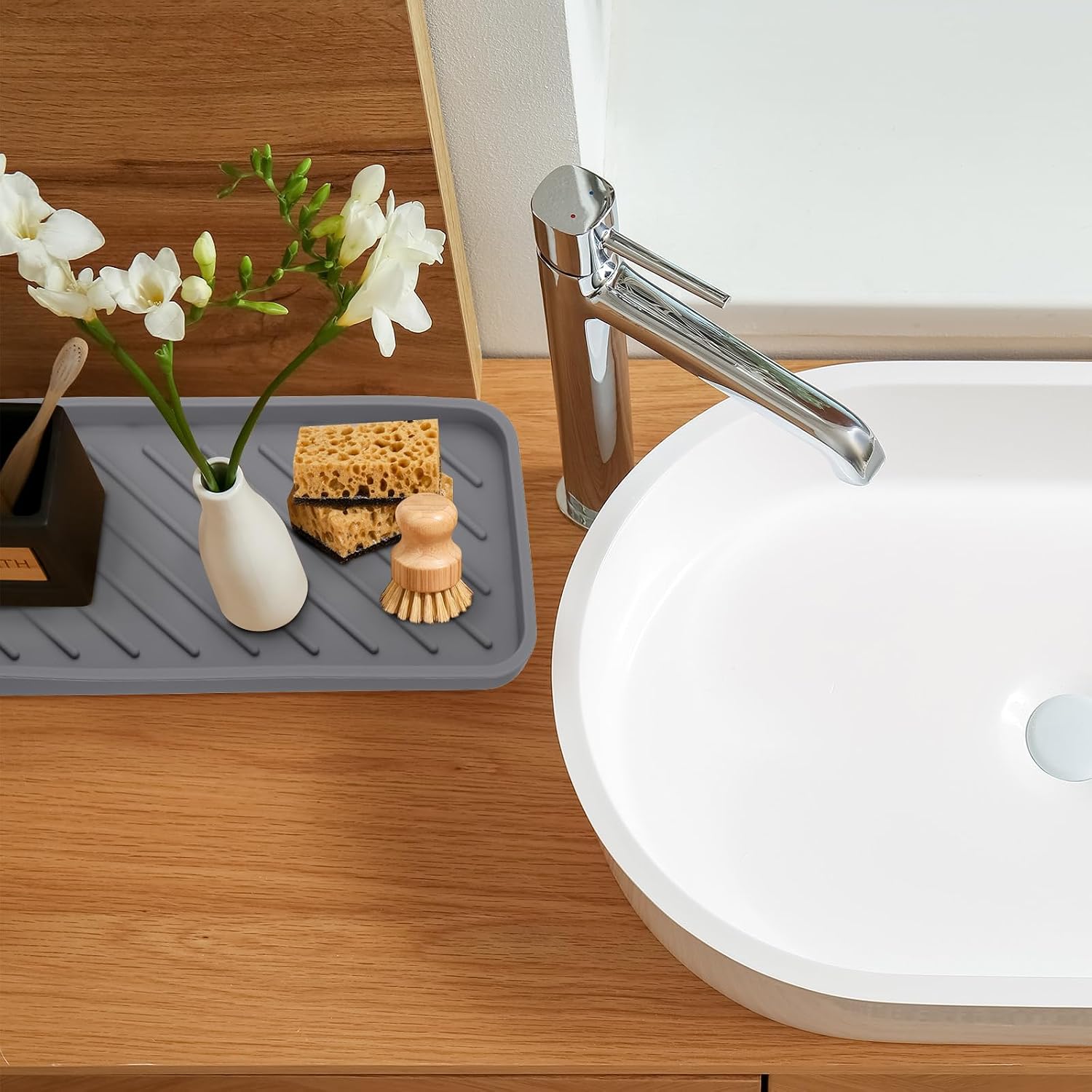 PATIKIL Silicone Bathroom Tray, 12" x 4.7" Soap Dispenser Tray Jewelry Organizer Dish for Restroom, Dresser, Kitchen Sink for Sponge, Scrubber, Dishwashing Accessories, Grey