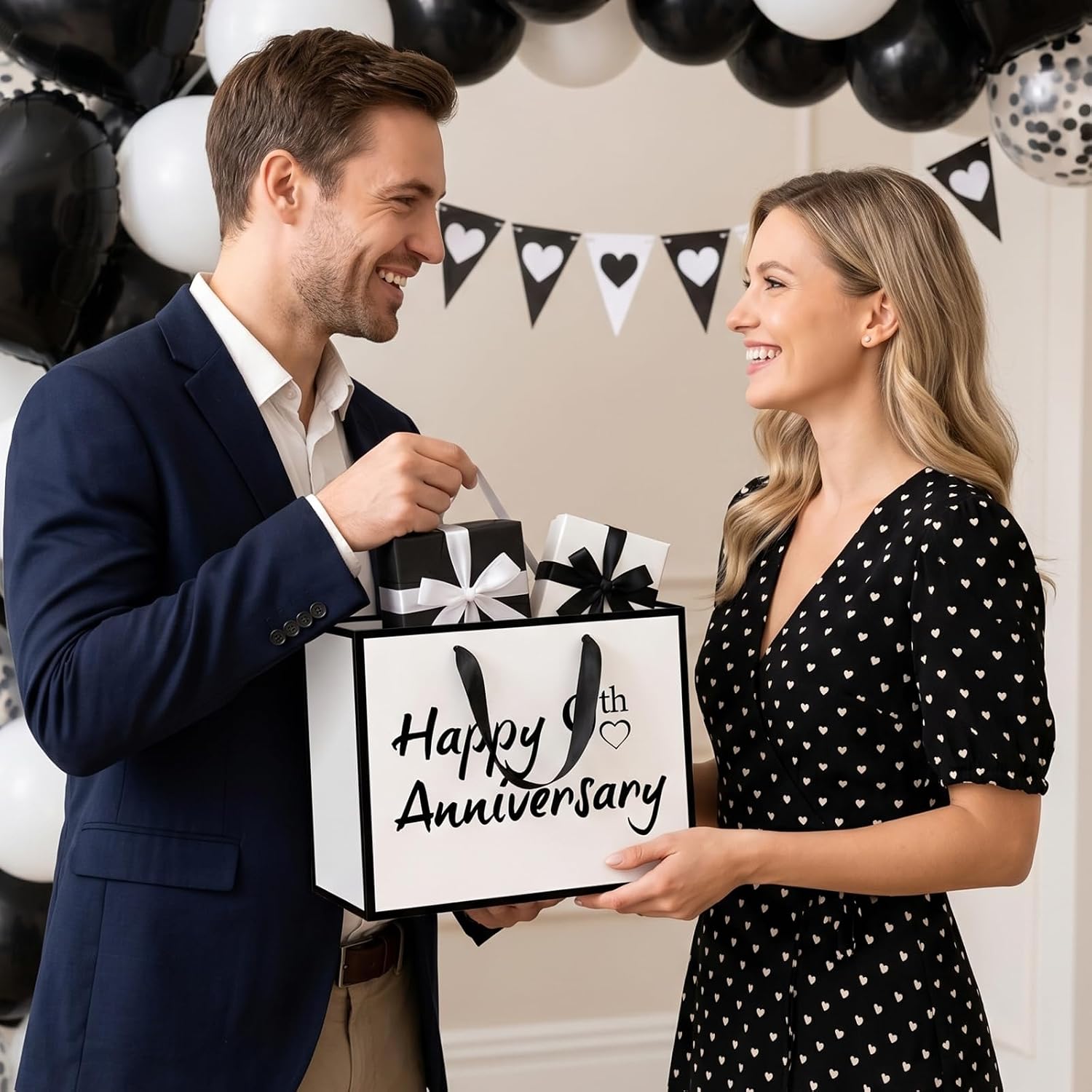 TagreSpike 9th Anniversary Paper Gift Bag with Tissue Paper and Card - Large Happy 9th Anniversary Wrapping Bag - Black and White Anniversary Party Supplies for Husband Wife Couple image 5