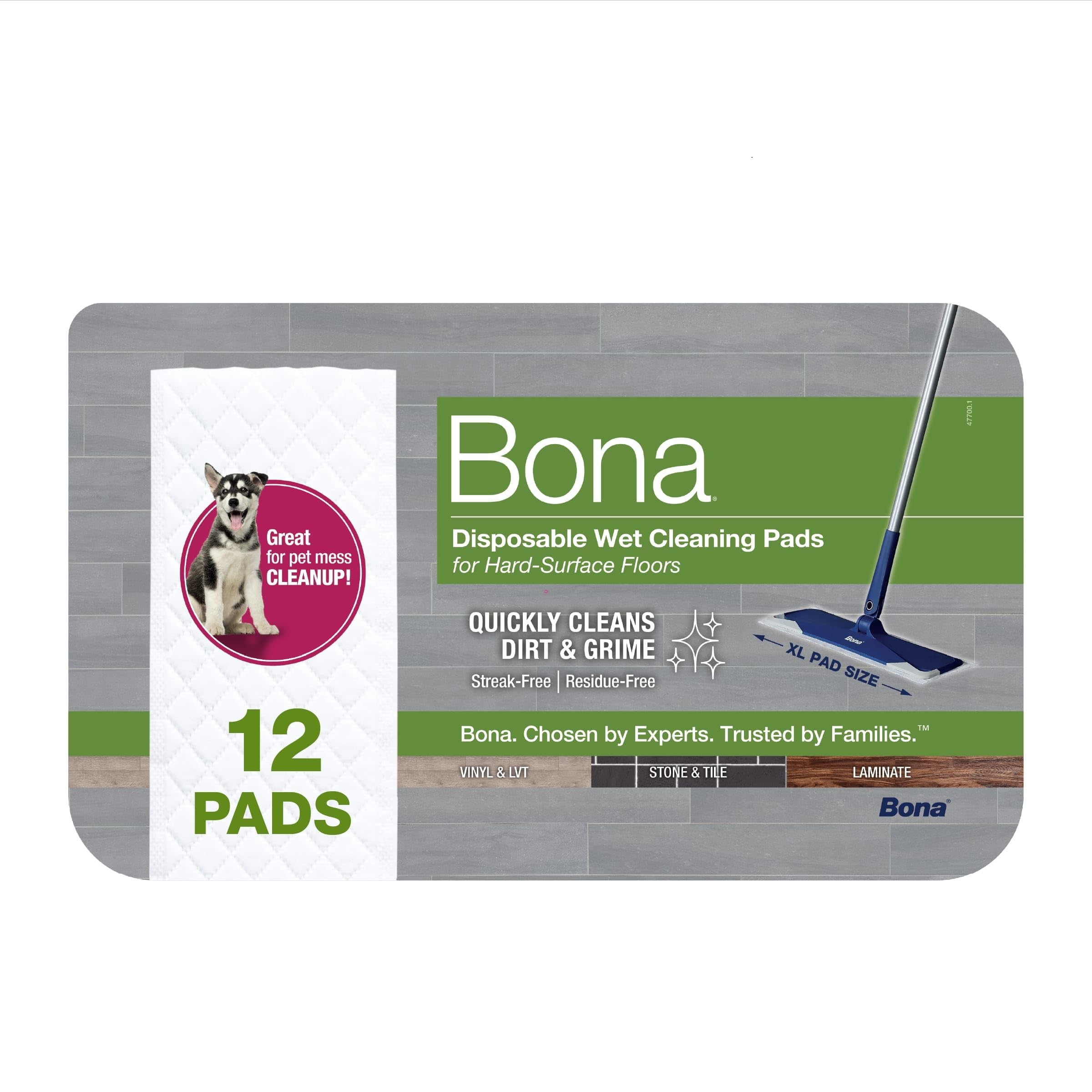 Bona Multi-Surface Floor Disposable Wet Cleaning Pads - 12-Pack - Residue-Free Floor Cleaning Solution for Stone, Tile, Laminate, and Vinyl Floors