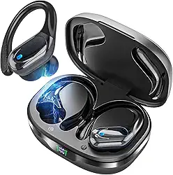 Fones de Ouvido Bluetooth Sem Fio, 80h de Bateria, Esportivos com Gancho, IPX5 à Prova d'Água, Graves Potentes, Cancelamento de Ruído, Compatível com iOS, Android e Bluetooth 5.3 (Preto)