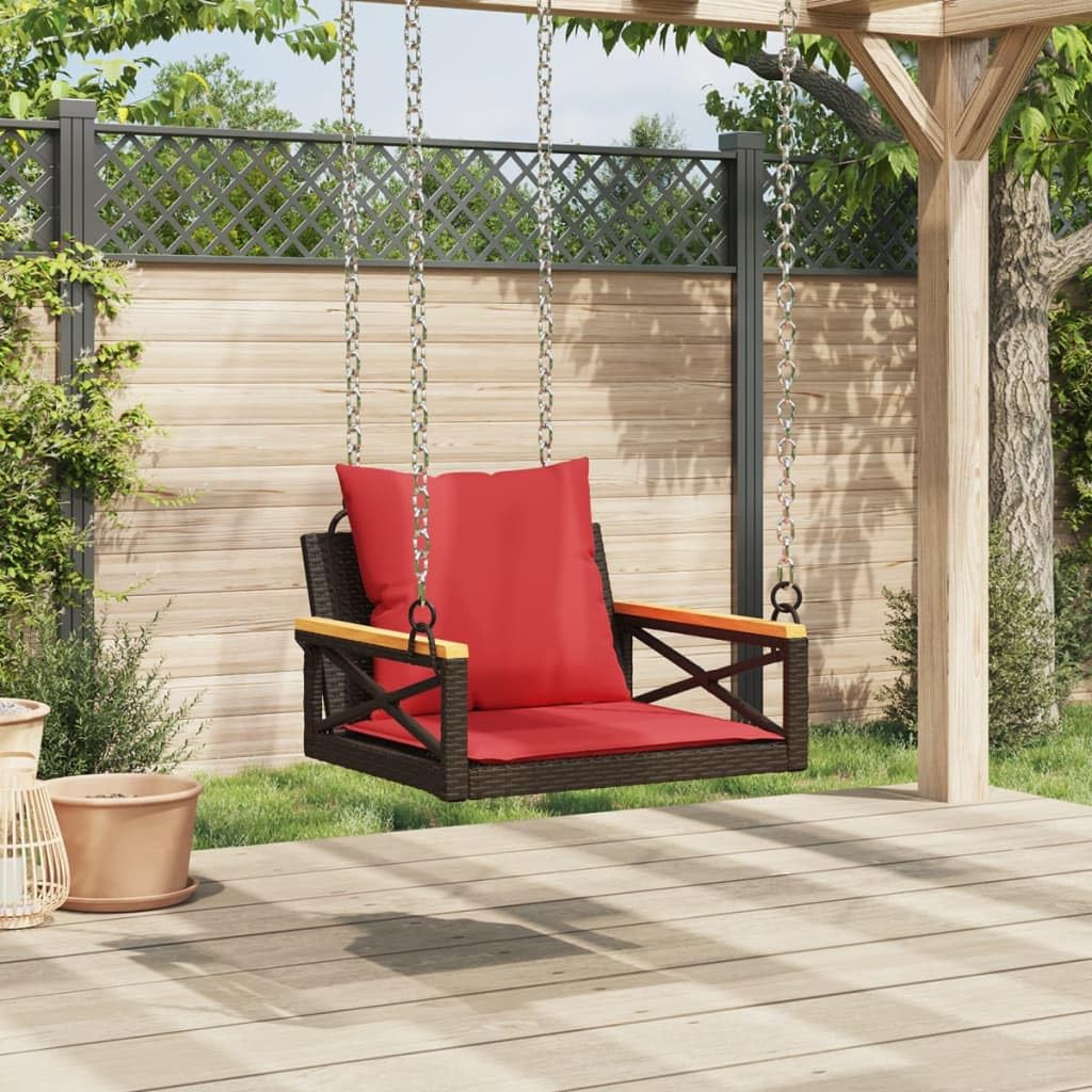 Poltrona sospesa da giardino e balcone, in rattan sintetico, con cuscino, telaio in acciaio verniciato a polvere, 63 x 62 x 40 cm, marrone (senza telaio e catene)