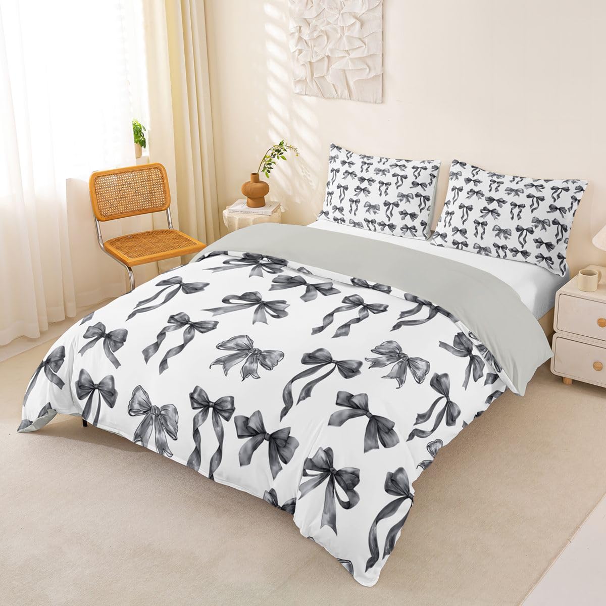 Homewish Urocza kokarda król pościel czarna poszewka na kołdrę zestaw kawaii wstążka kokardka poszewka na kołdrę dla dzieci dziewcząt nastolatek kobiet, akwarela kokardki preppy zestawy łóżek