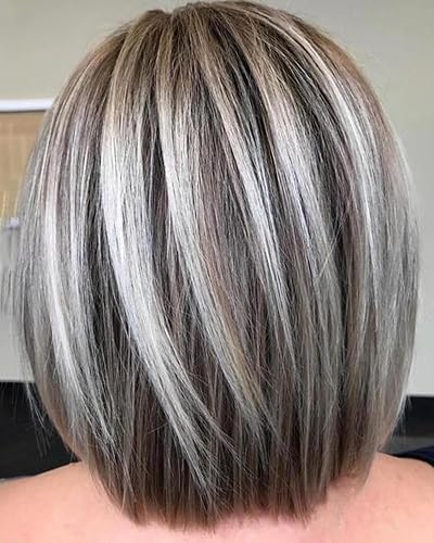 RENERSHOW Medium Length Blonde Balayage Bob Wig with Bangs for White Women