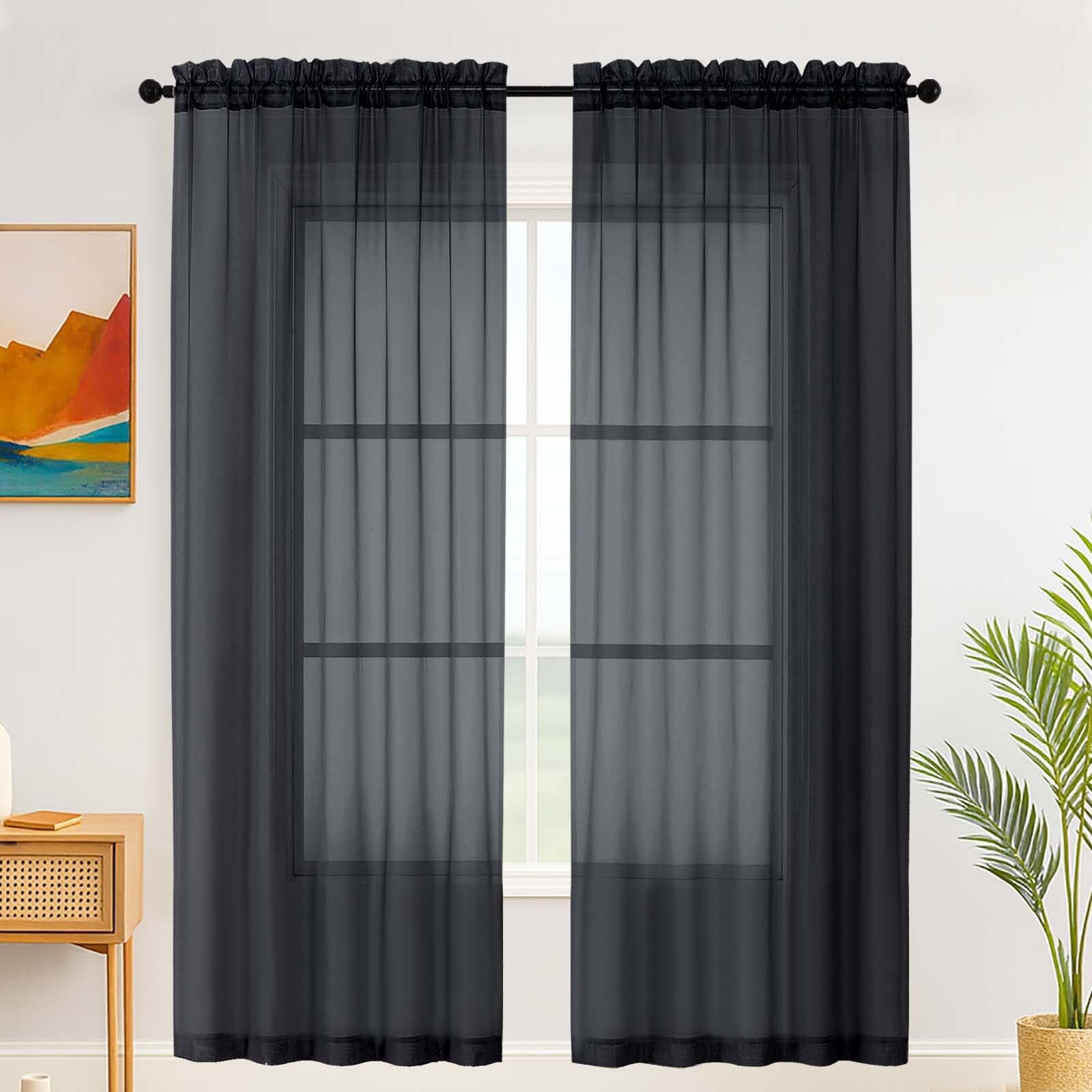 Simplebrand Black Sheer Curtains for Living Room 220 cm Length Panels Set - Light Filtering, Rod Pocket Window Home Voile Curtains & Drapes for Bedroom, Elegant Drapes (Black, 150cm W x 220cm L)