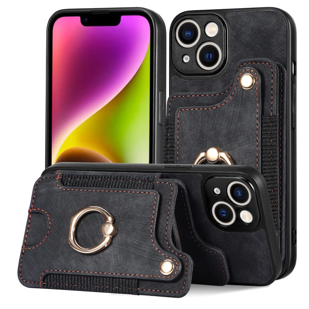 Custodia in Pelle per iPhone 14 13 12 11 Promax Plus XR XSMAX Antifurto con Anello Cordino Porta Carte Custodia Protettiva, Nero, per iPhone XR