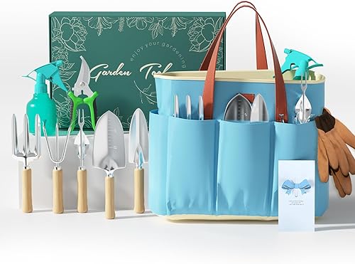 VerdantVibes Juego de herramientas de jardín de 9 piezas, herramientas de mano de jardinería resistentes con agarres ergonómicos antideslizantes,