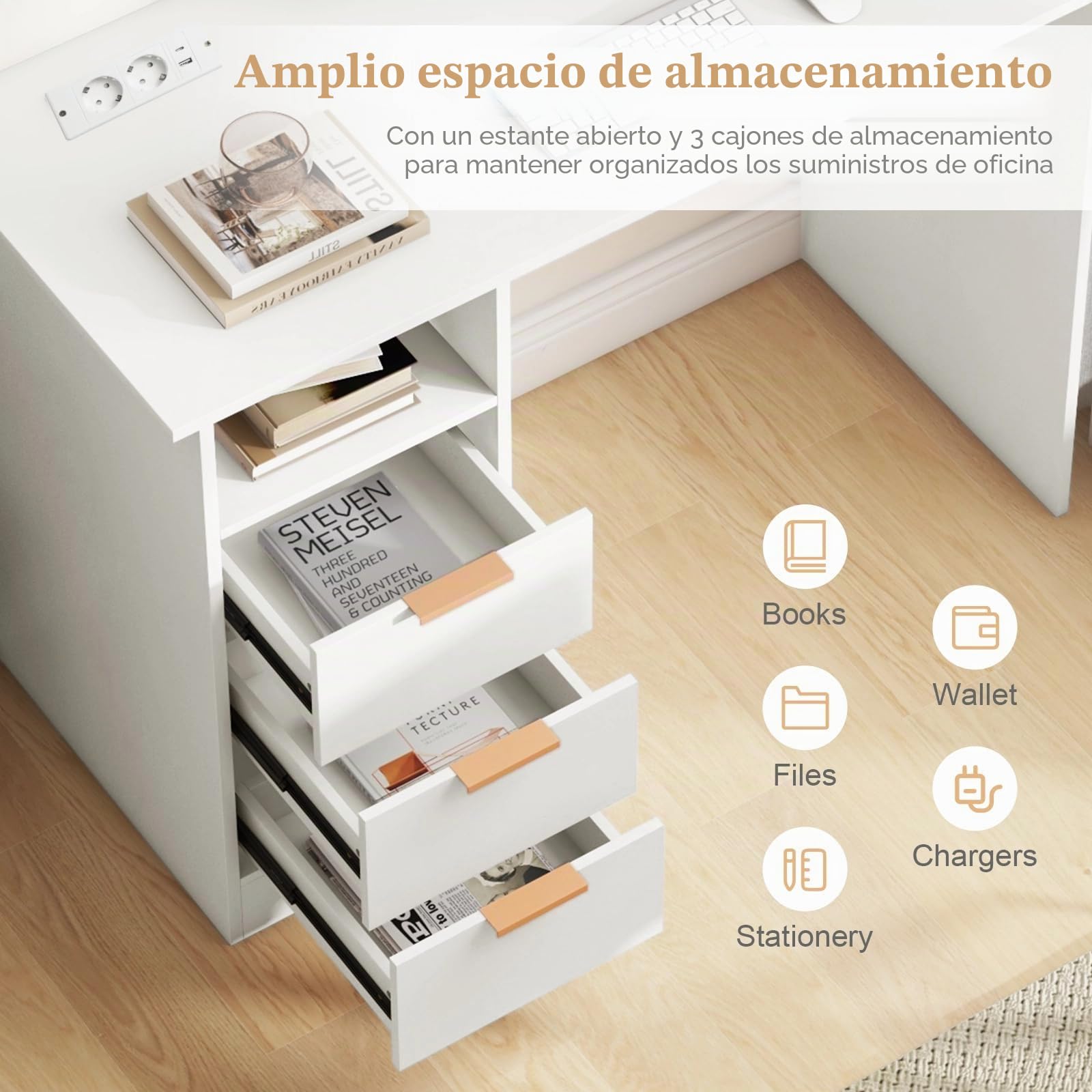 GIANTEX Escritorio de Ordenador con 3 Cajones Laterales y 1 Compartimento Abierto, Mesa de Trabajo con Estación de Carga, 108 x 48 x 76 cm, Escritorio para Dormitorio, Oficina (Blanco)