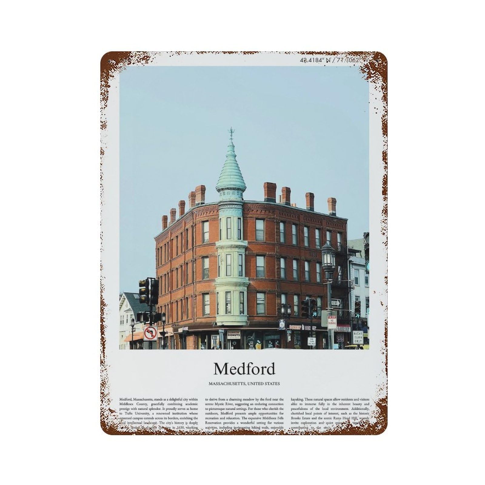 xiaoxiaoshen Medford Massachusetts, United States, USA City Scenery Wall Decor Art Metal Tin Poster Modern Home Decor Art Home Bar Shop Decorations Vintage Sign 40x30cm