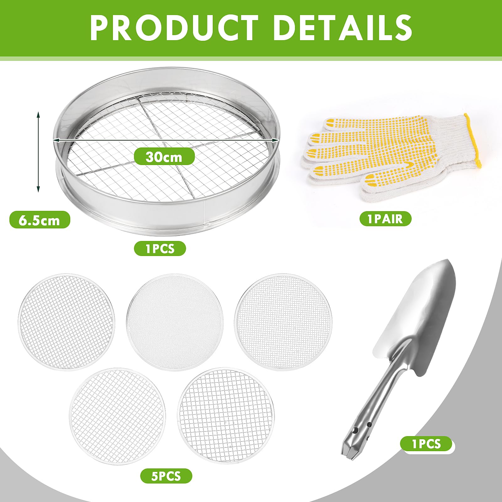 Tamis de Sol pour Le Jardinage, Tamis de Sol en Acier Inoxydable de 12 Pouces avec 5 écrans Fins Remplaçables, Gants et Pelle, Tamis pour Sable, 3mm, 5mm, 8mm, 10mm, 12mm (Argent)