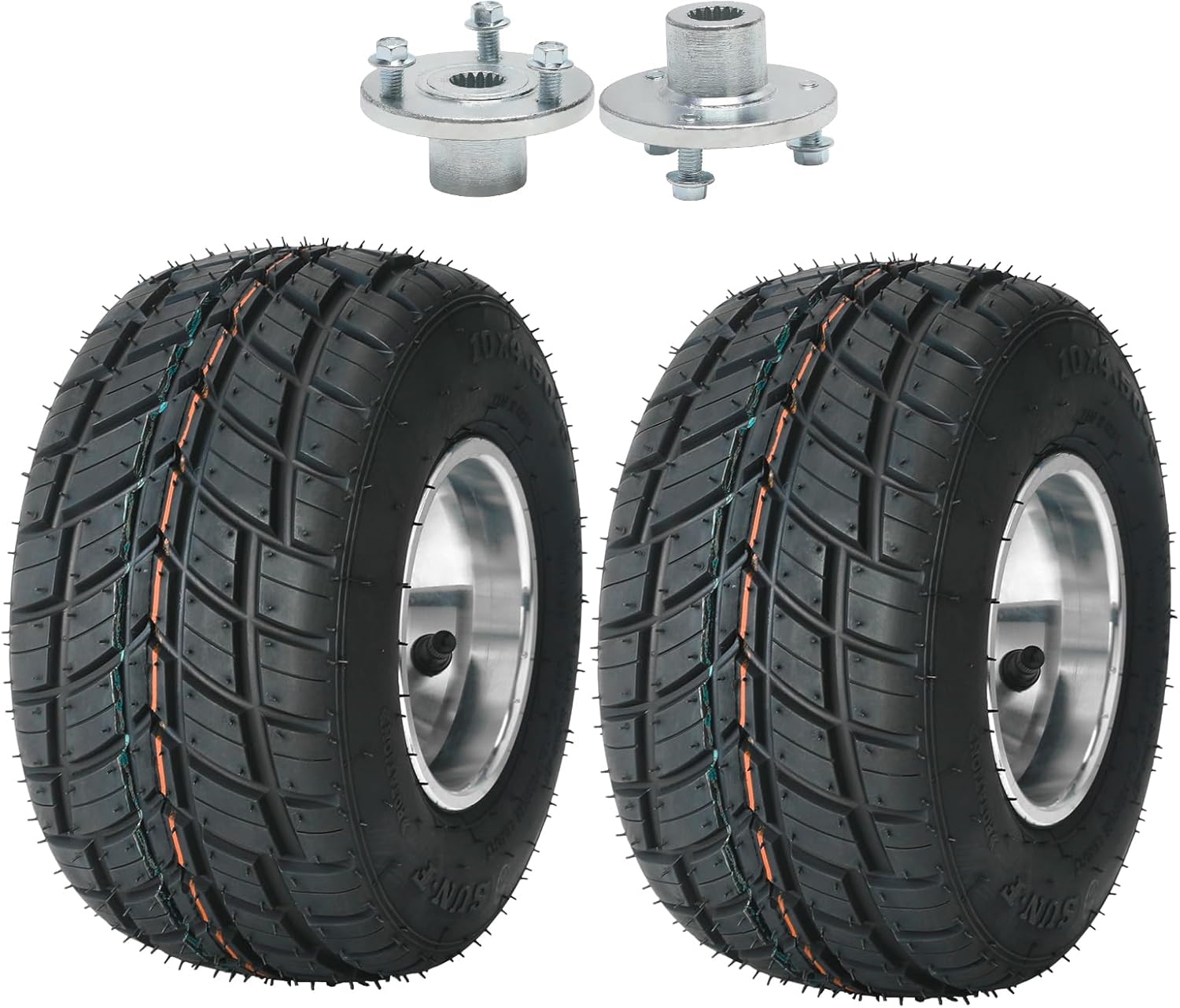 2pc 10x4.50-5 Tire and Rim 5 Inch Go Kart Wheels Racer Rain Tire Rim 10x4.50x5 10x4.5-5 Tubeless Tires with 3 Stud 17T Rear Axle Hubs for Racing Karting 4 Wheeler ATV Drift Trike Golf Cart Mini Bike