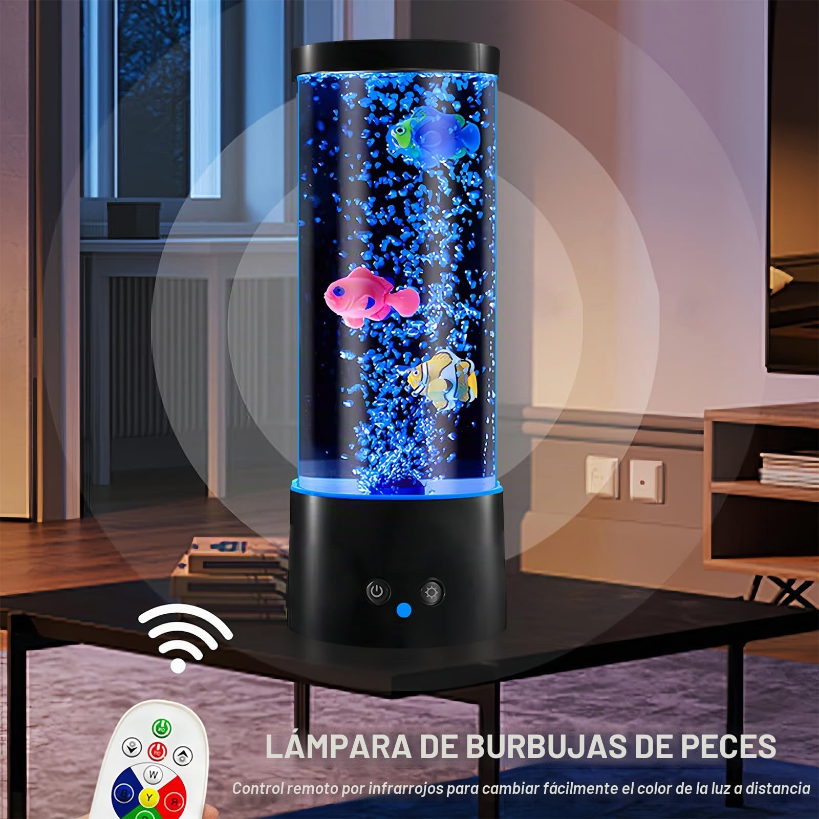 Lámpara de Lava Con Pez y Burbujas - 16 Colores y 4 Modos - Mando a Distancia - Ambiente Para Acuario - Cable USB