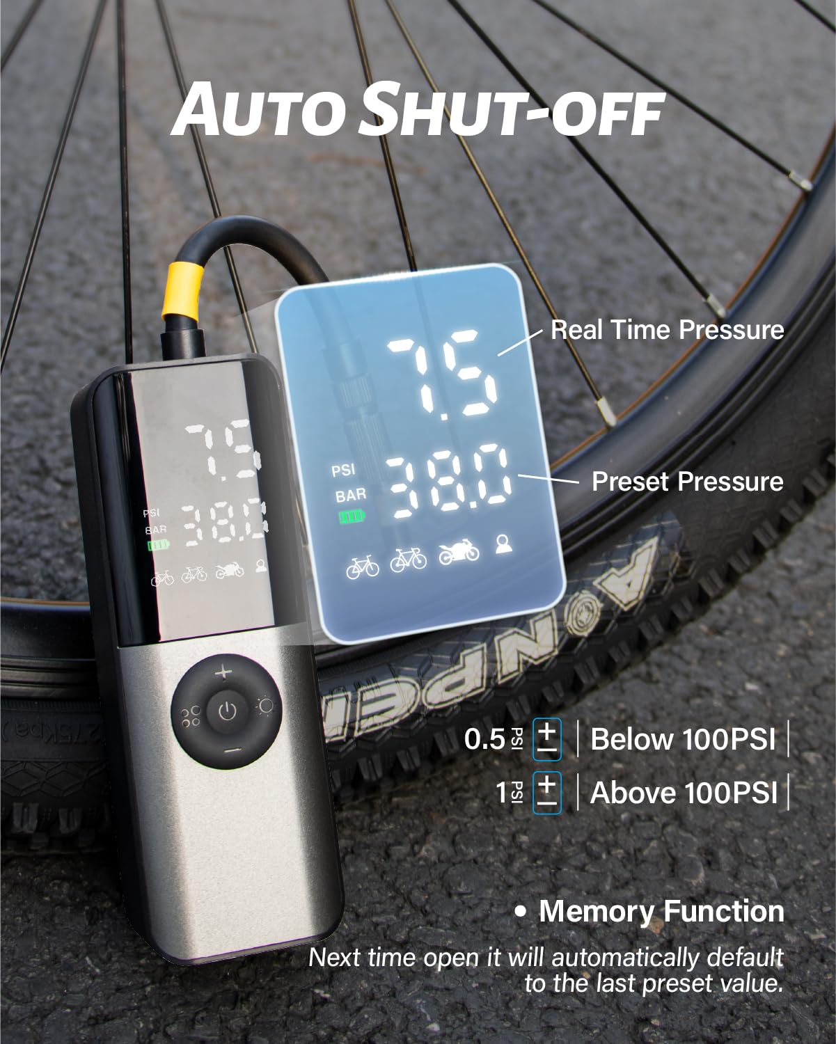 GPUTEK Elektryczna pompka rowerowa, 130 psi, 150 psi, z cyfrowym manometrem, do ładowania elektrycznego, z akcesoriami do wentyli, do rowerów wyścigowych, górskich, e-e-booków
